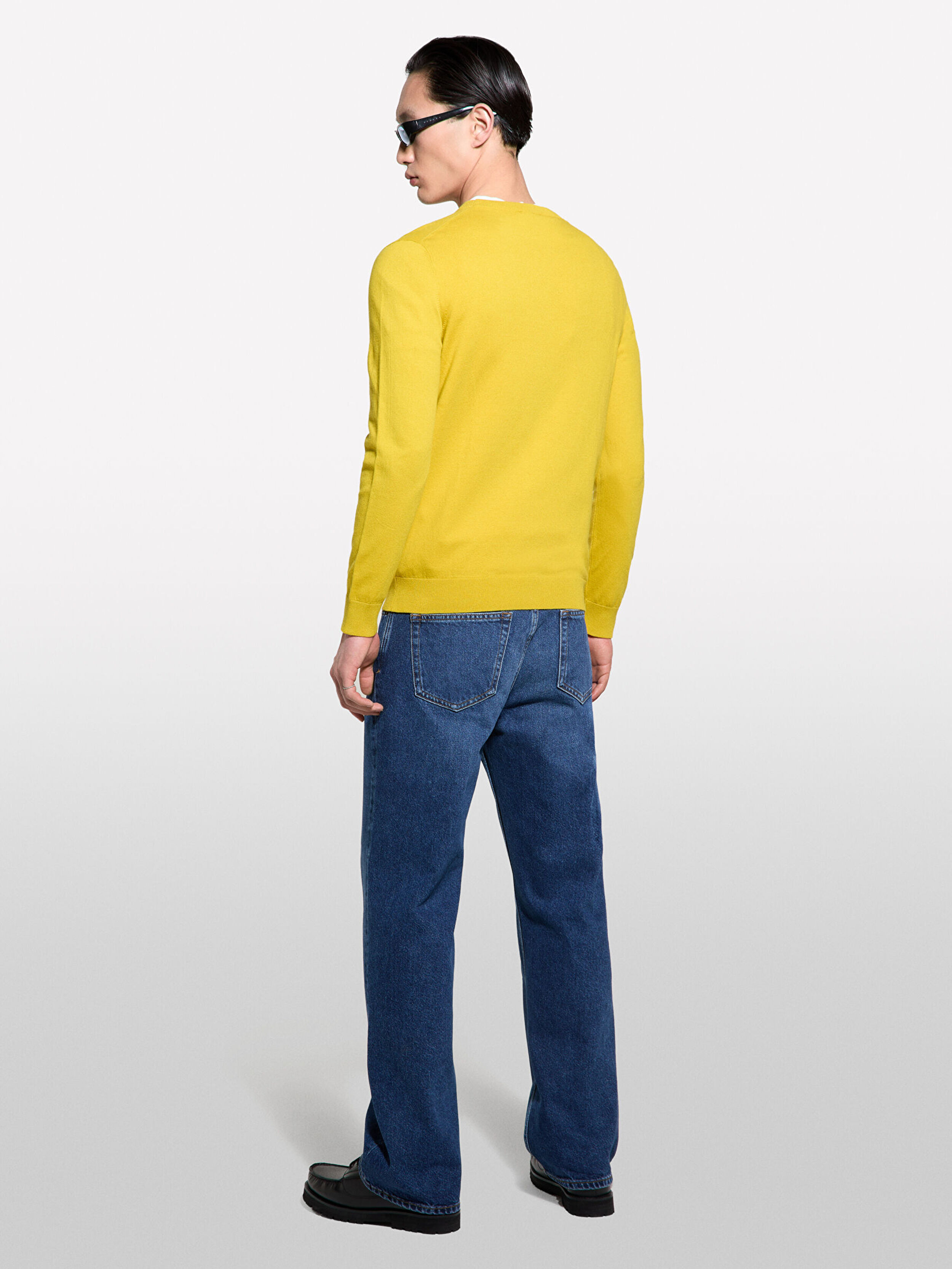 Resim Erkek Hardal Sarı Pamuk Karışımlı Bisiklet Yaka Regular Fit Kazak