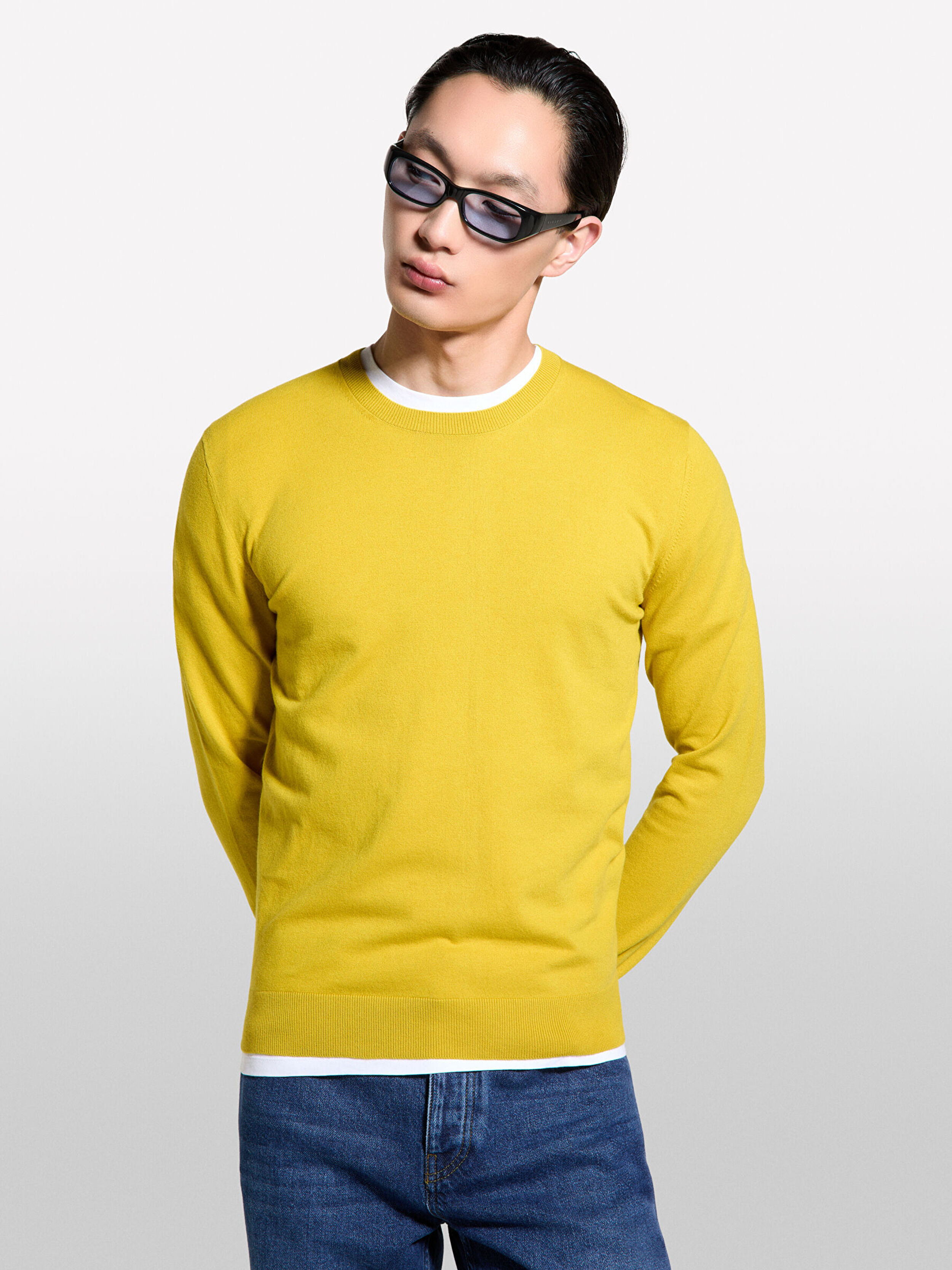 Resim Erkek Hardal Sarı Pamuk Karışımlı Bisiklet Yaka Regular Fit Kazak