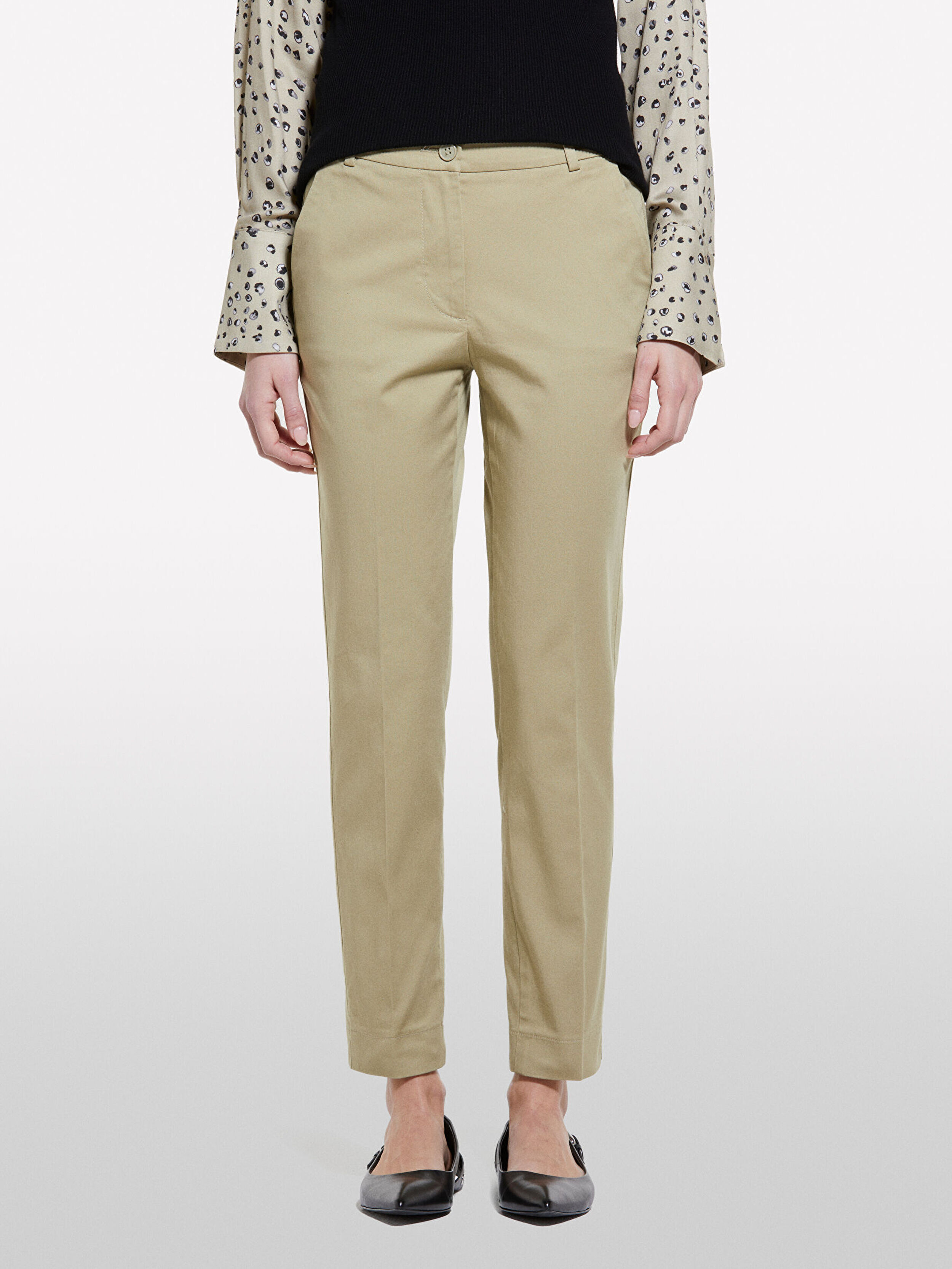 Resim Kadın Kum Rengi Streç Pamuklu Normal Bel Chino Pantolon