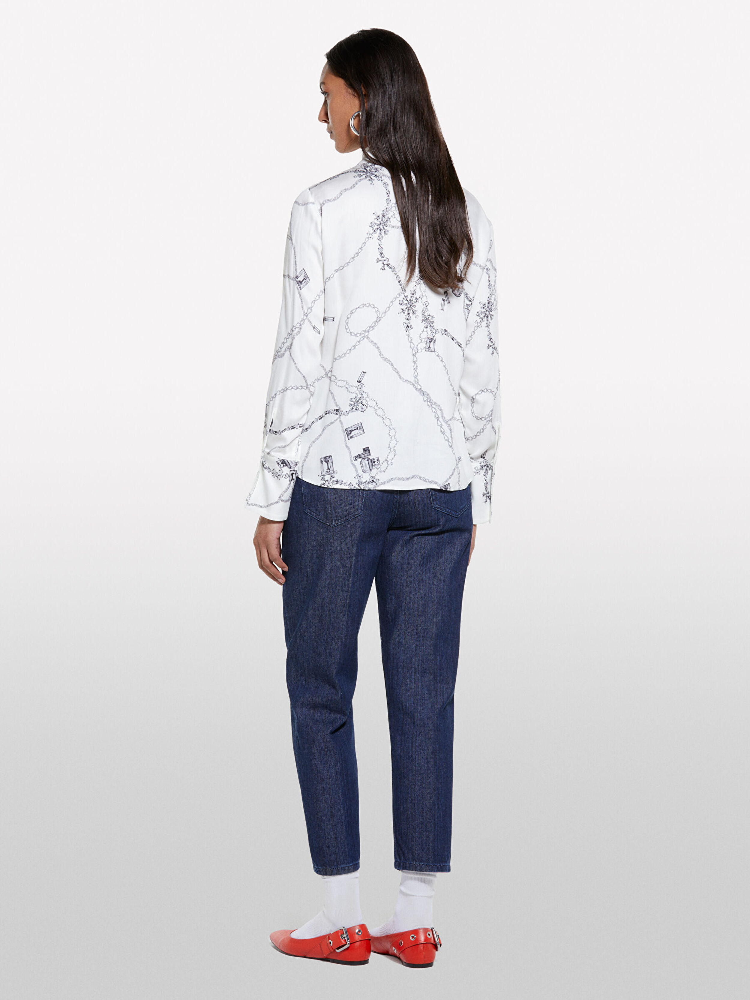 Resim Kadın Krem Mix %100 Viskoz Desenli Regular Fit Gömlek