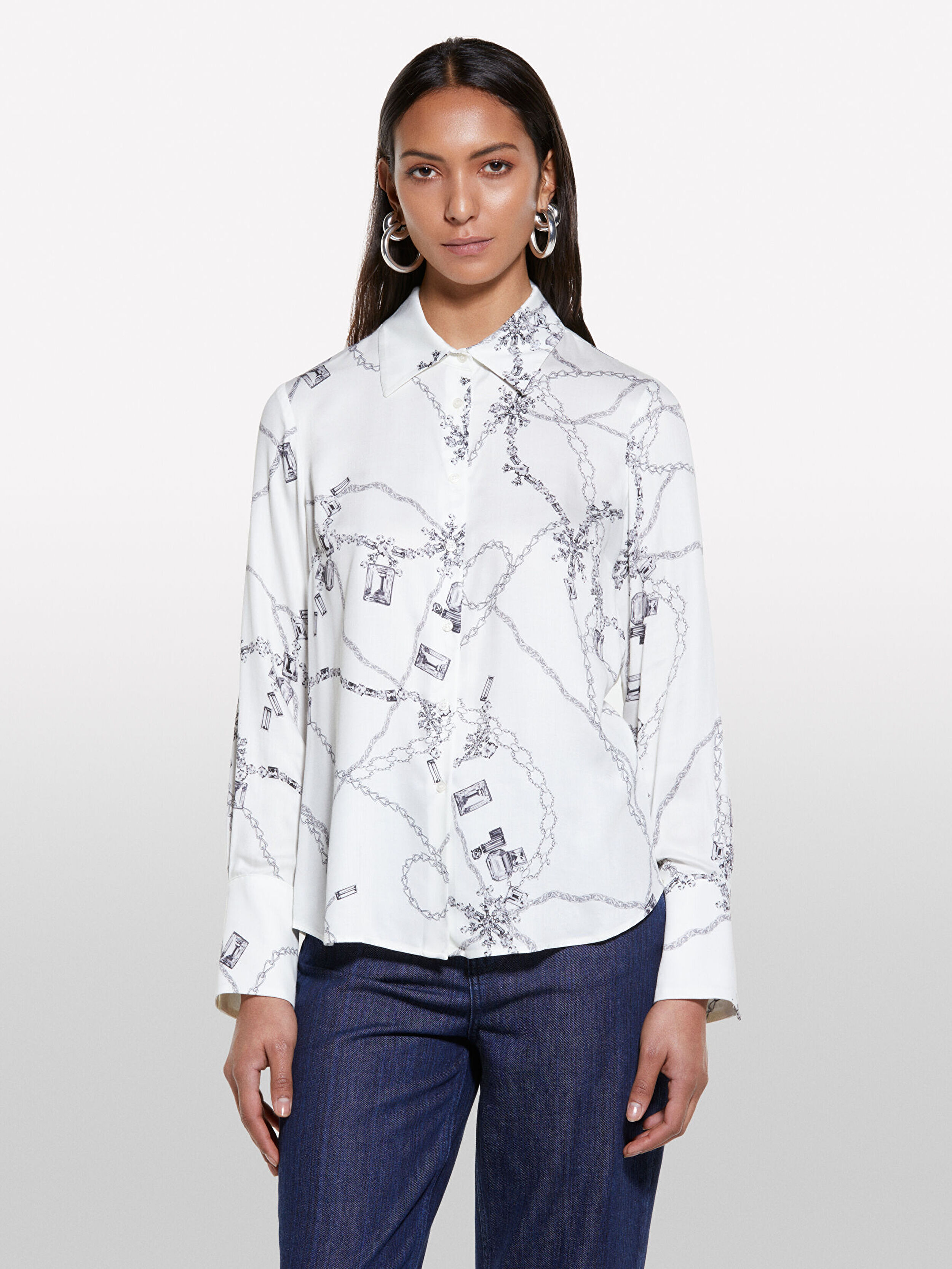 Resim Kadın Krem Mix %100 Viskoz Desenli Regular Fit Gömlek