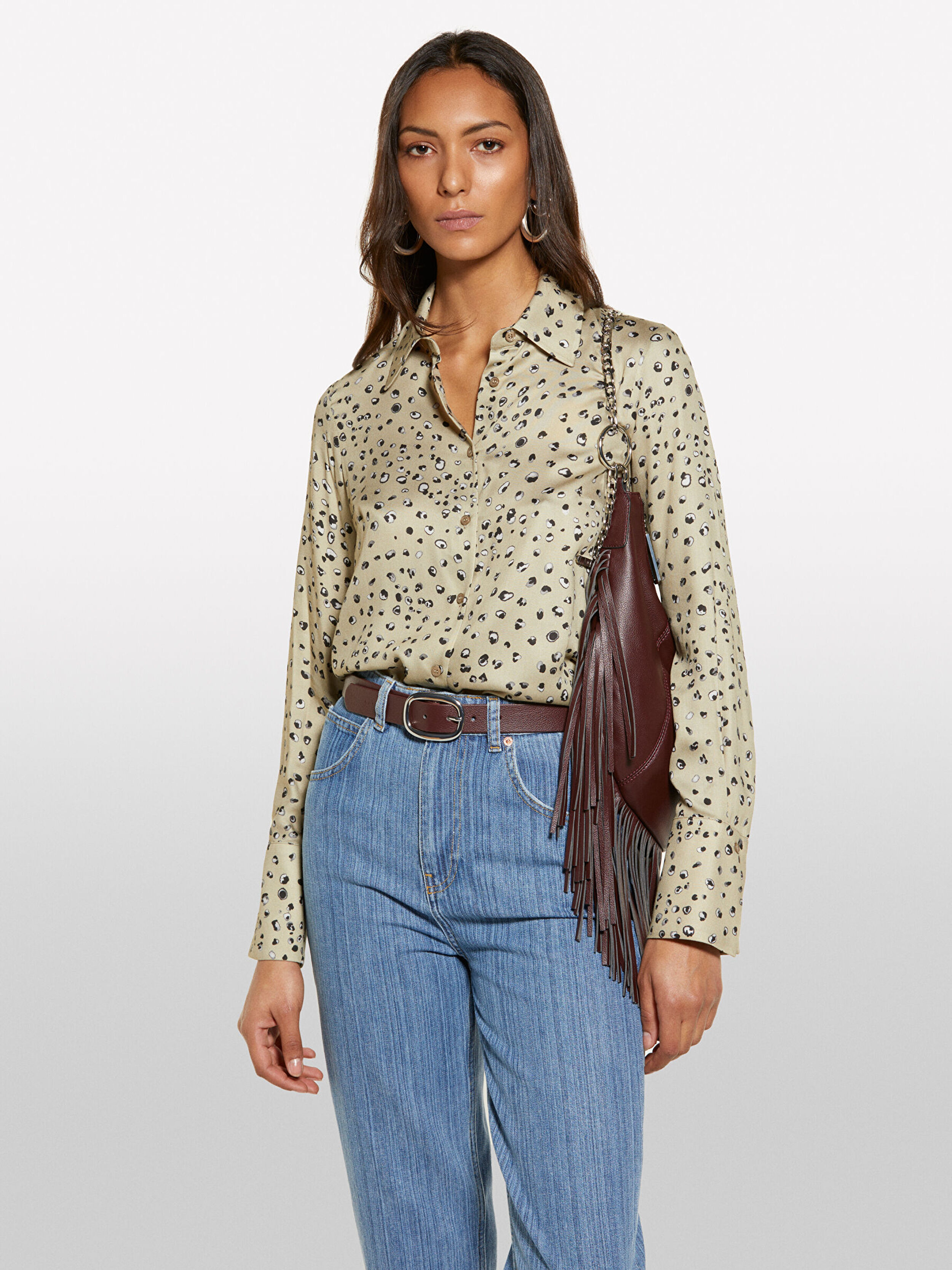 Resim Kadın Beyaz Mix %100 Viskoz Desenli Regular Fit Gömlek