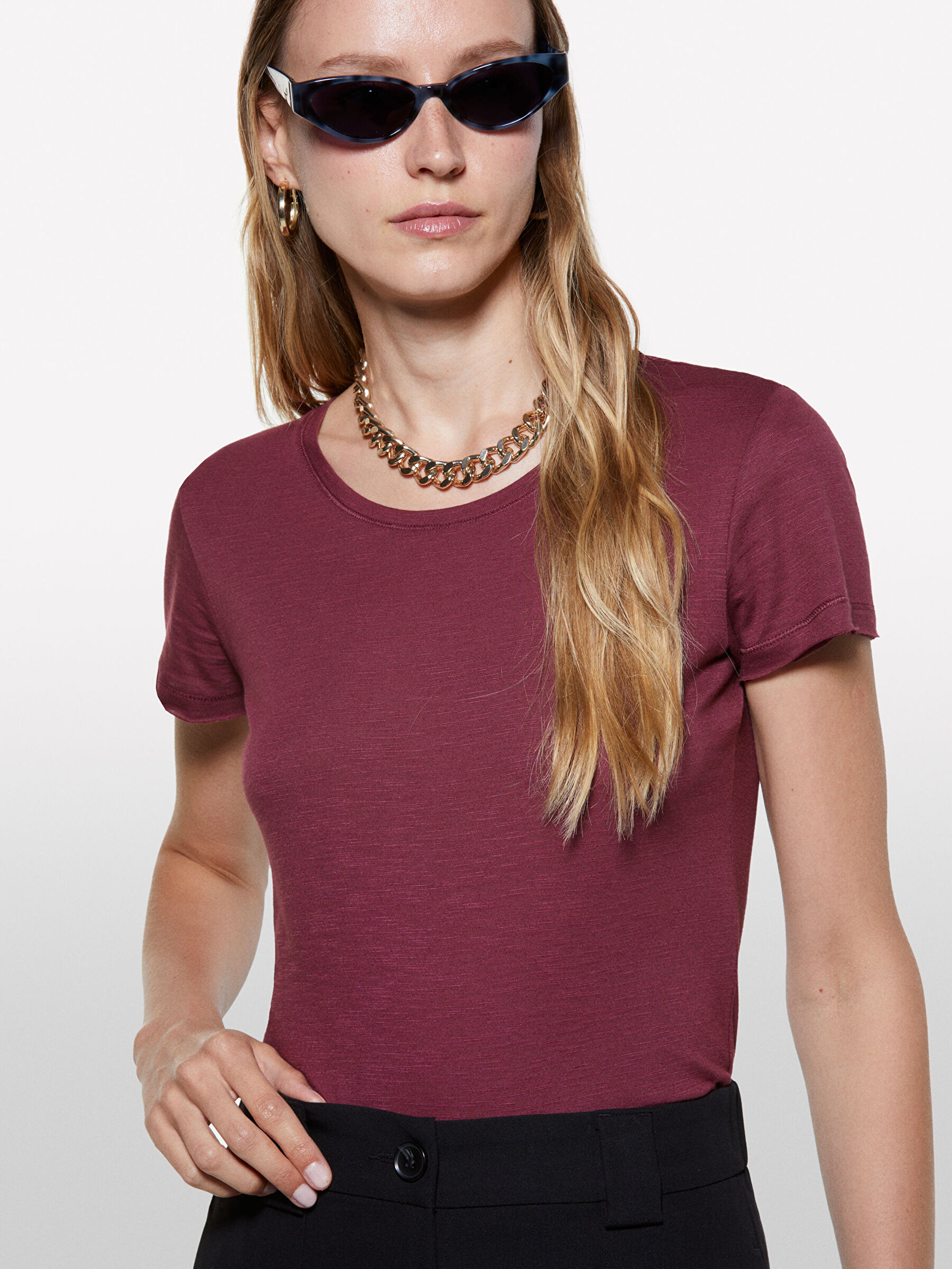 Resim Kadın Bordo Pamuk Modal Karışımlı Normal Kalıp Bisiklet Yaka T-Shirt