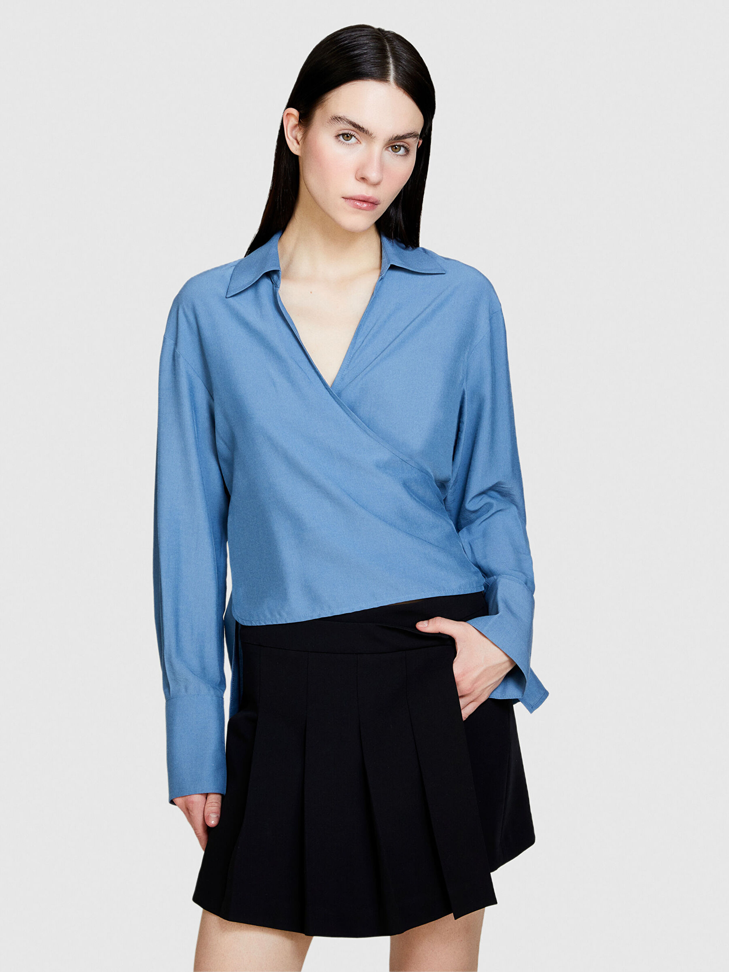 Kadın Açık Mavi Viskoz Karışımlı Arkası Uzun Gömlek Yaka Çapraz Bluz 324P55EBLQ064-11W