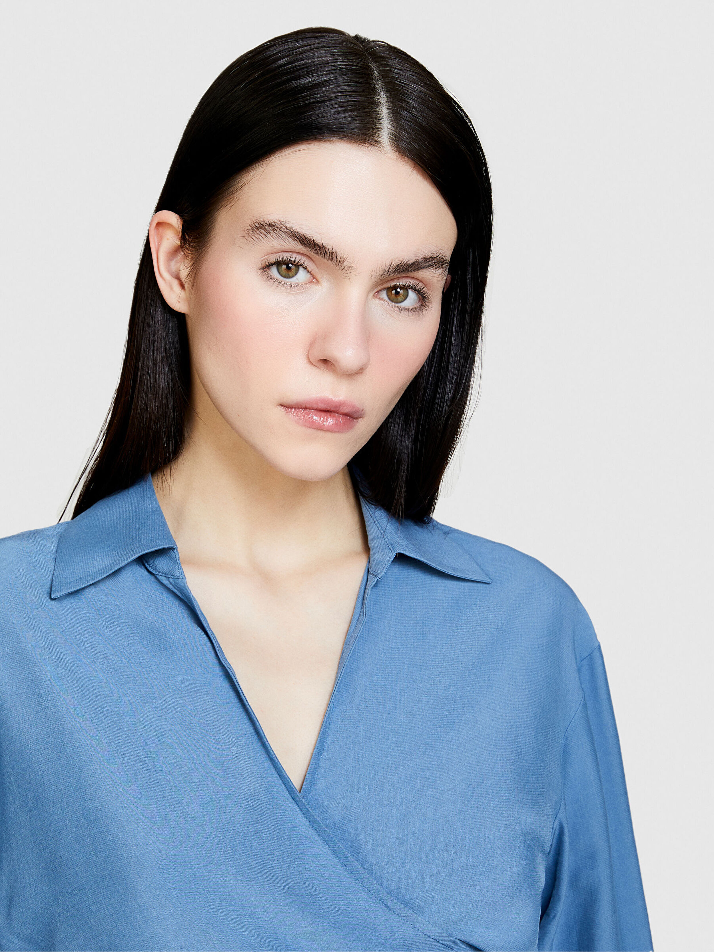 Kadın Açık Mavi Viskoz Karışımlı Arkası Uzun Gömlek Yaka Çapraz Bluz 324P55EBLQ064-11W