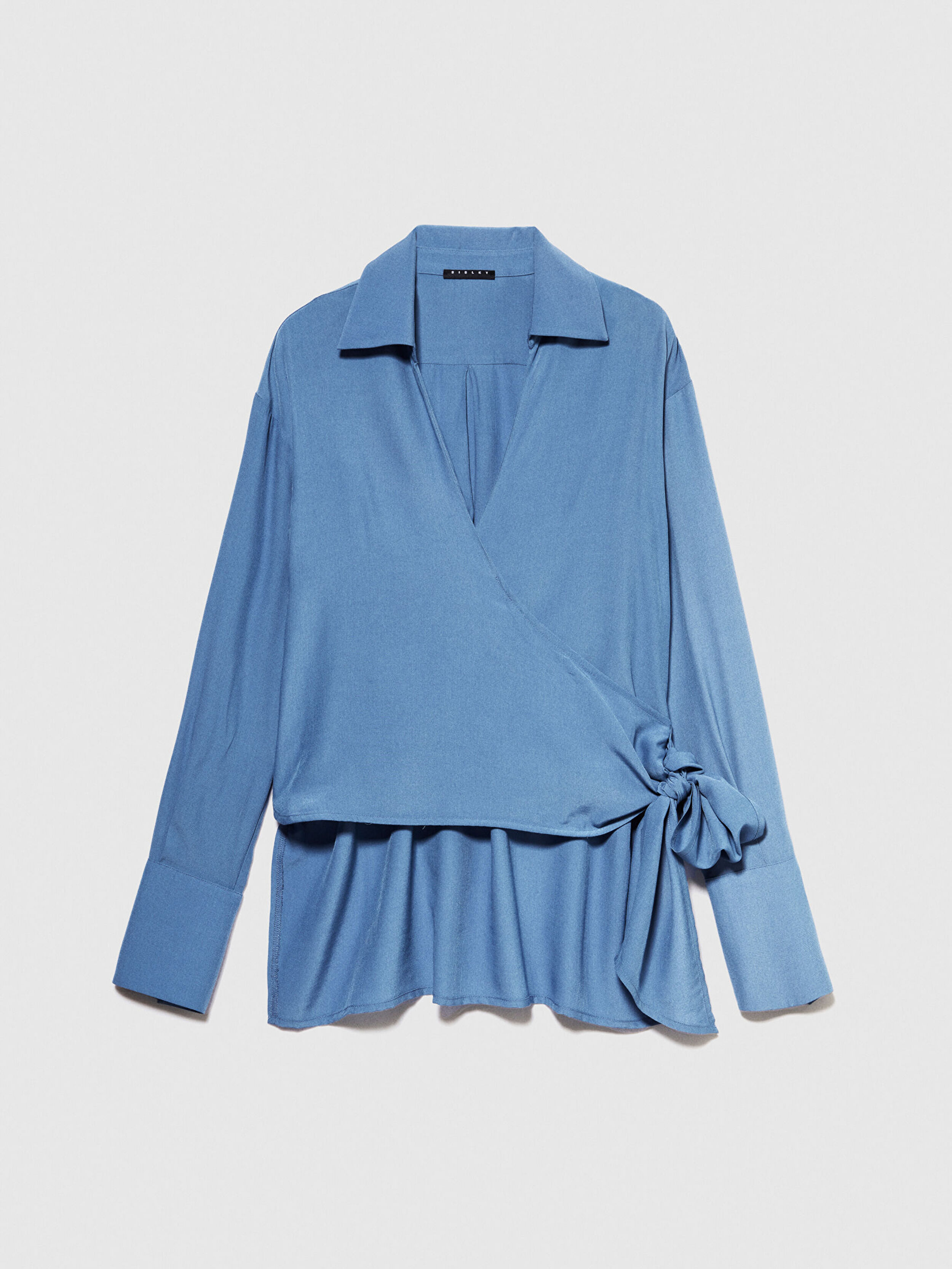 Kadın Açık Mavi Viskoz Karışımlı Arkası Uzun Gömlek Yaka Çapraz Bluz 324P55EBLQ064-11W