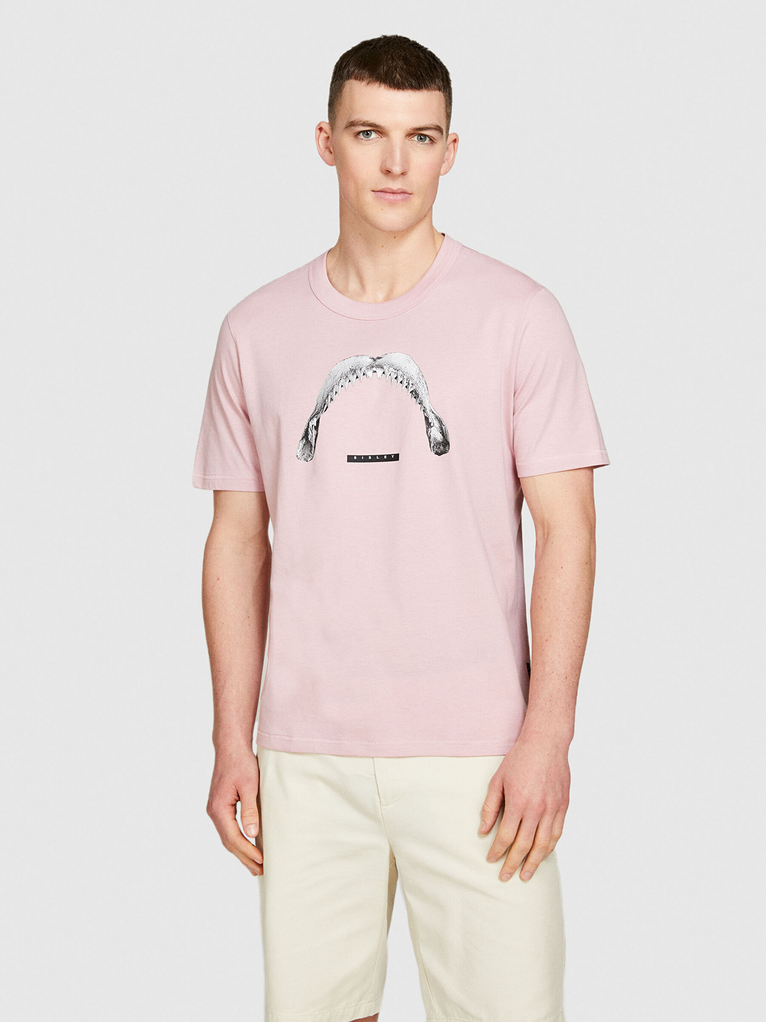 Erkek Gül Kurusu %100 Pamuk Önü Baskılı Bisiklet Yaka T-Shirt 324P3I1XS103J-223