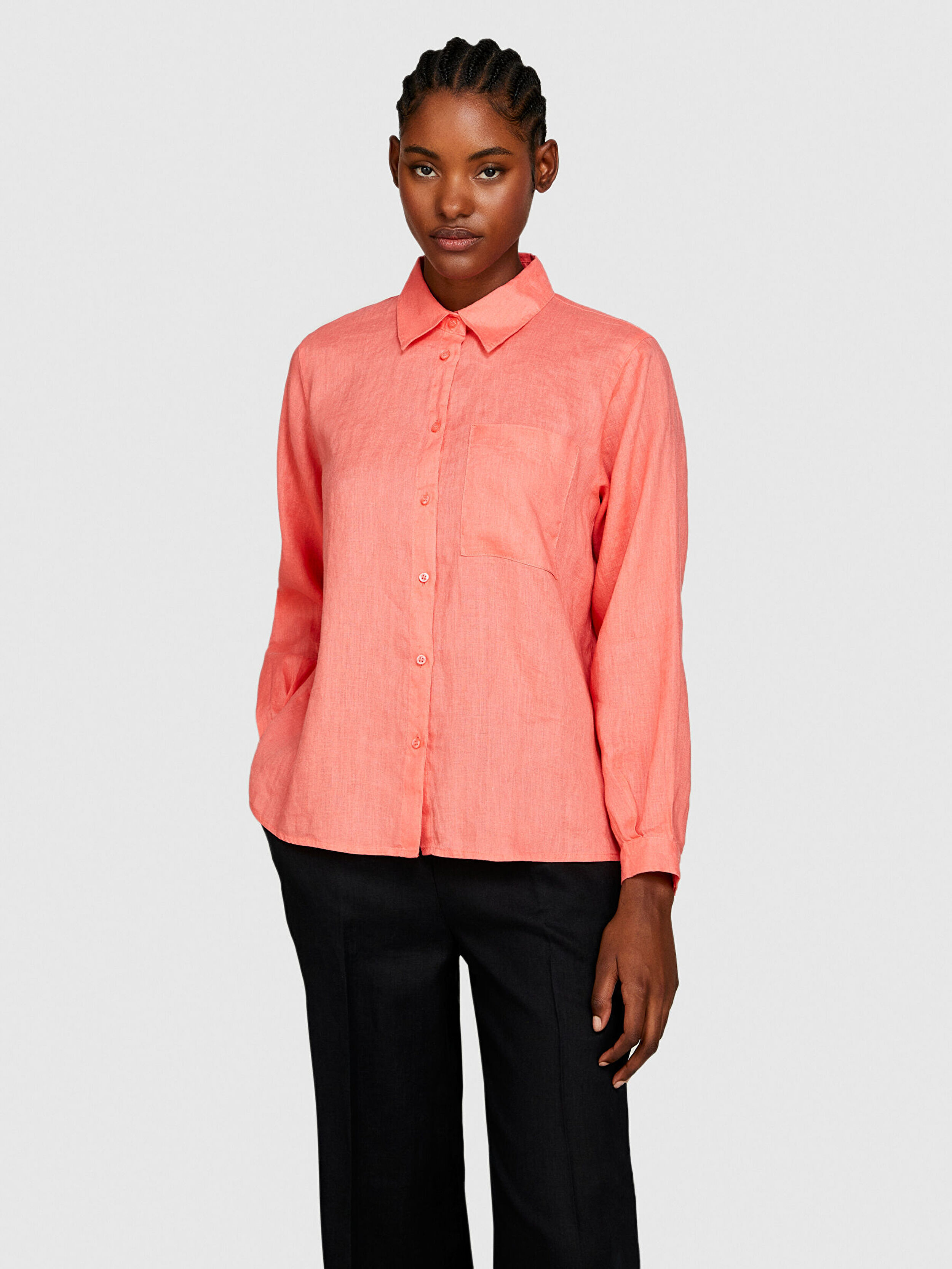 Kadın Mercan %100 Keten Düğmeli Göğüs Cepli Uzun Kollu Gömlek 324P5BMLLQ06S-37N