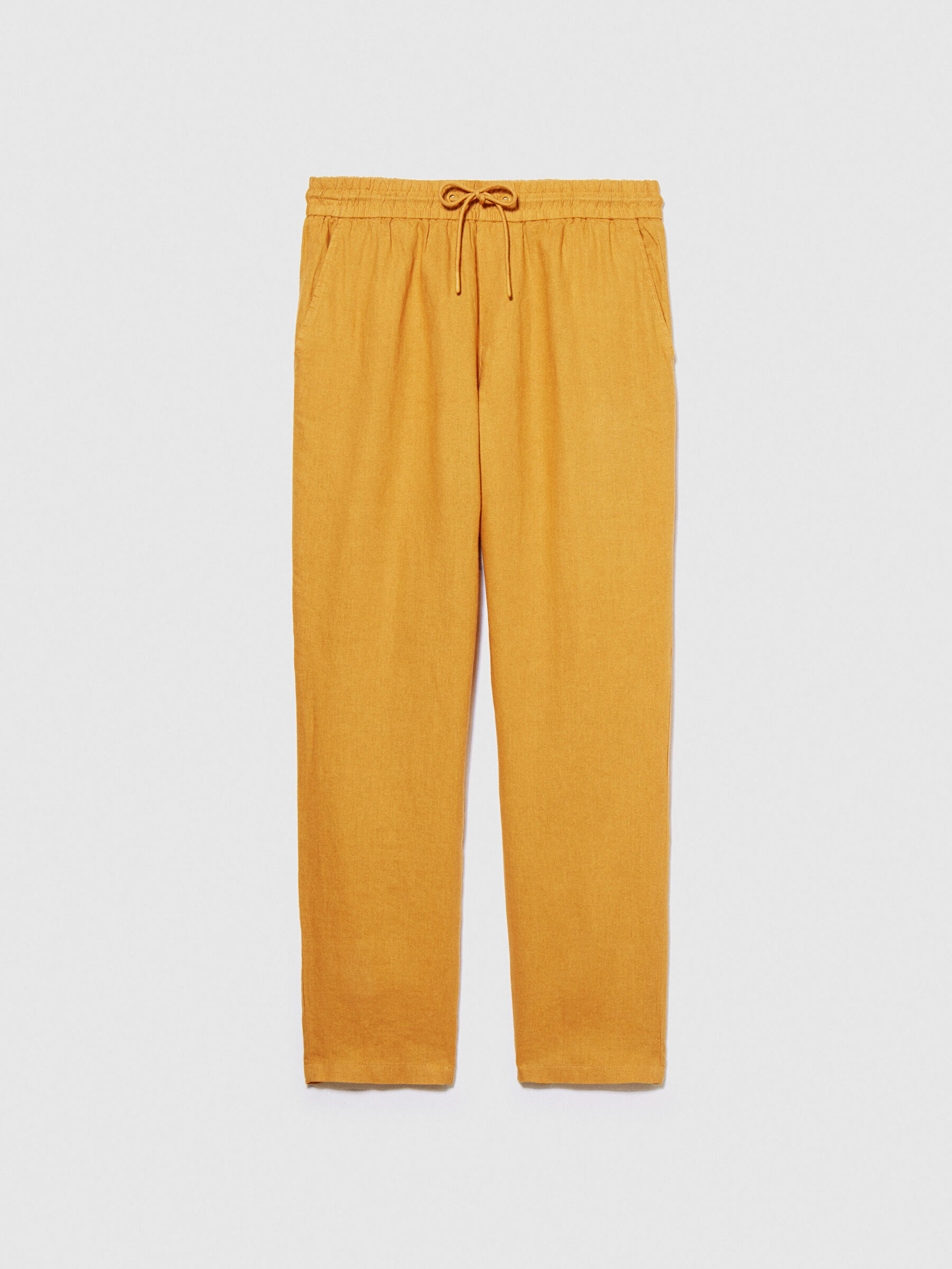 Erkek Hardal %100 Keten Beli Büzgülü İpli Slim Confort Fit Pantolon 324P4AGHSF043-1C5