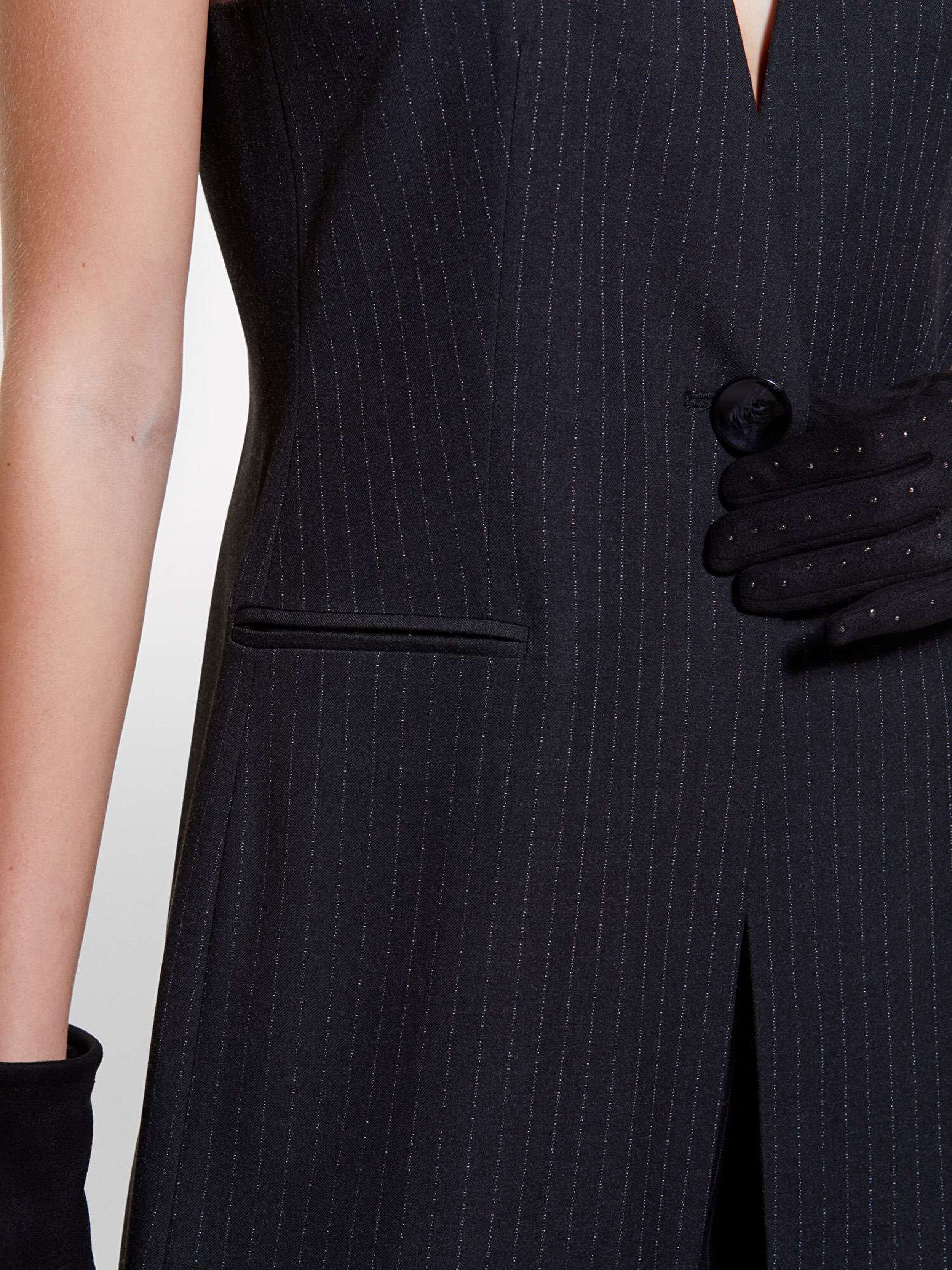 Resim Kadın Antrasit Viskoz Karışımlı Tek Düğmeli Yanları Şerit Cepli Uzun Yelek