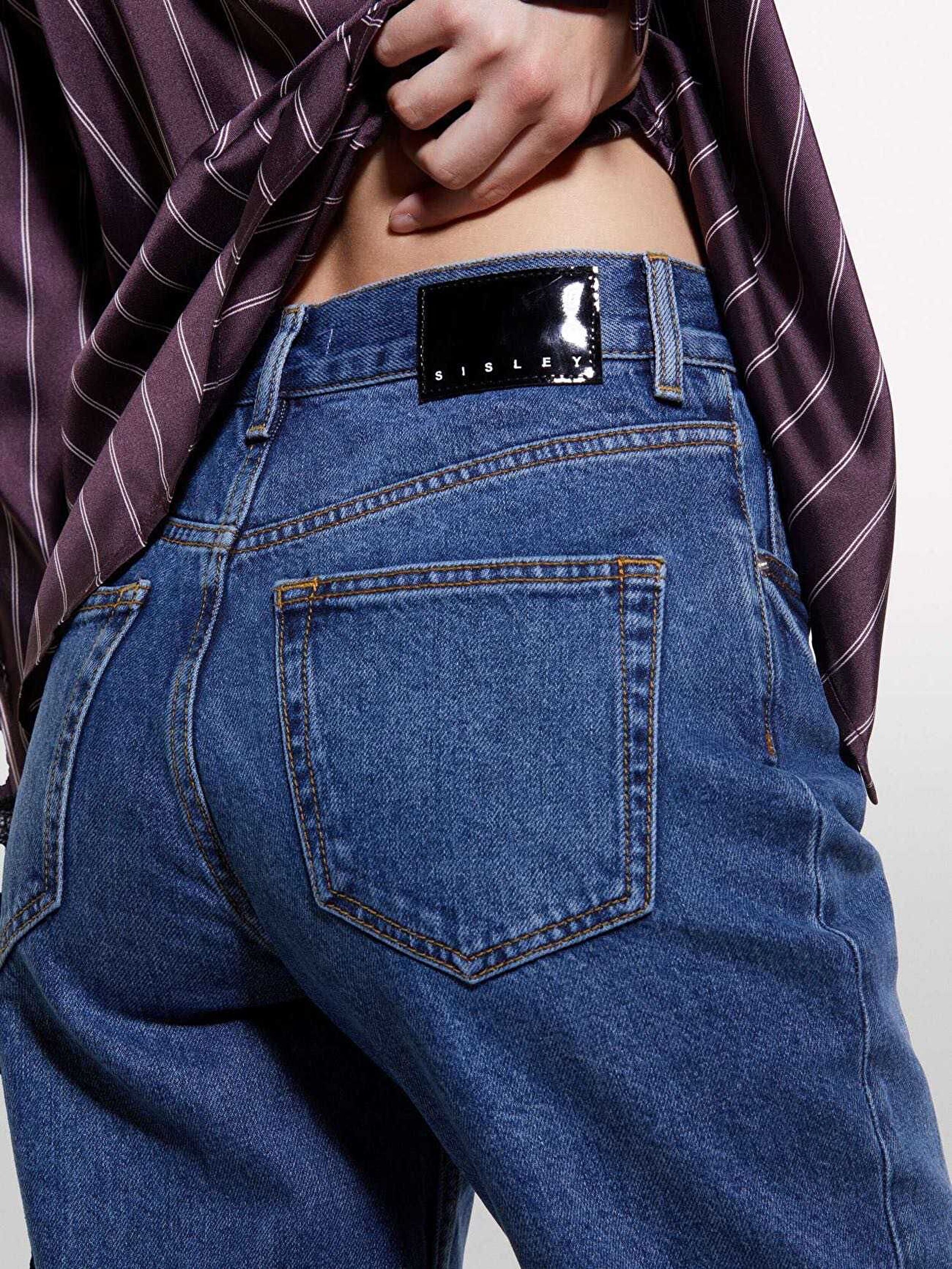 Resim Kadın İndigo %100 Pamuk Beş Cepli Düz Paça Normal Bel Denim Pantolon