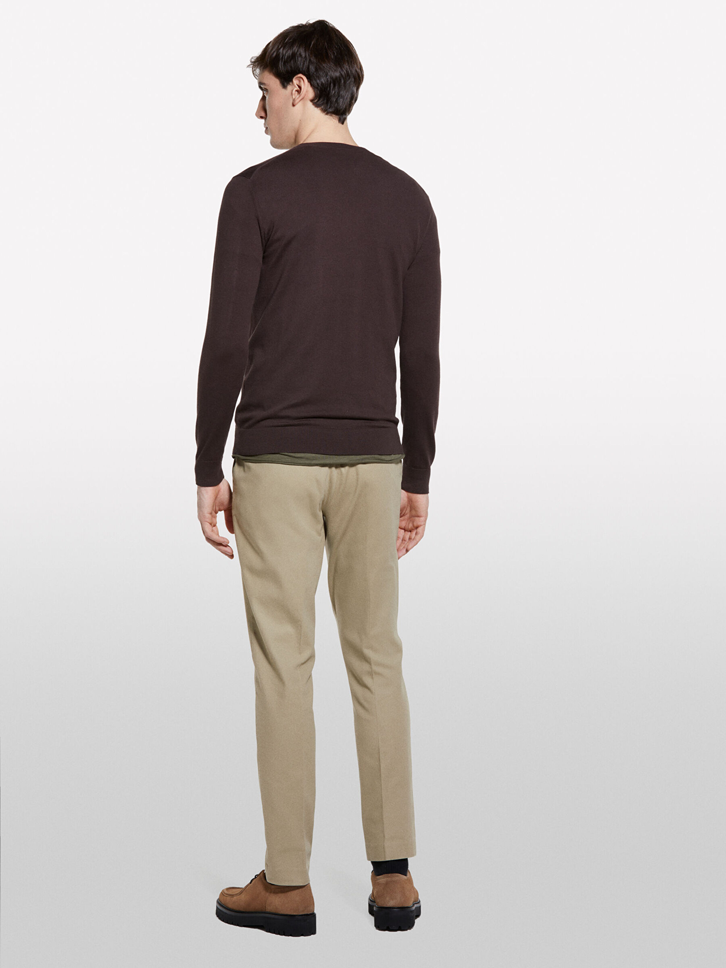 Resim Erkek Koyu kahverengi Pamuk Karışımlı Bisiklet Yaka Regular Fit Kazak