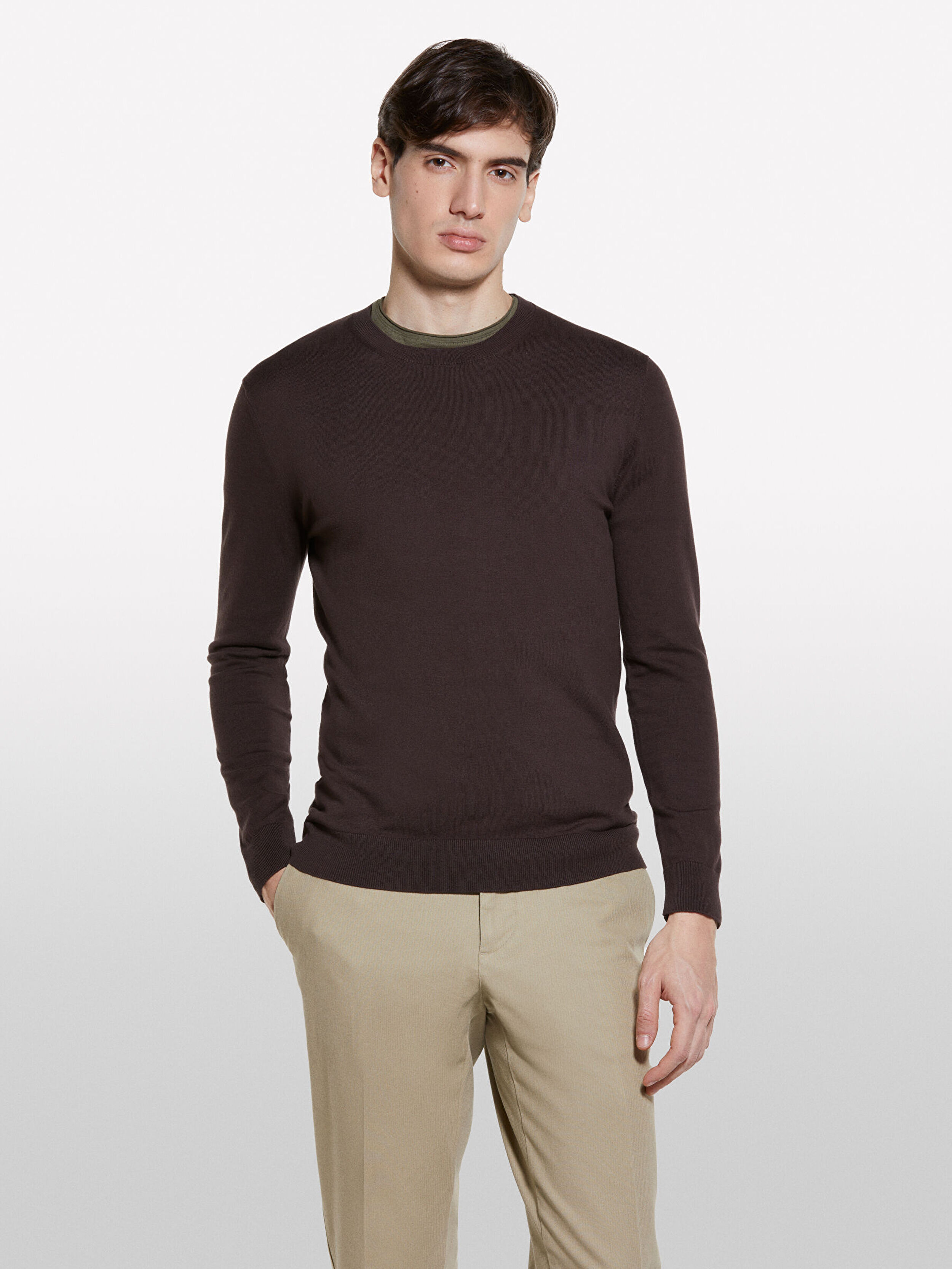 Resim Erkek Koyu kahverengi Pamuk Karışımlı Bisiklet Yaka Regular Fit Kazak