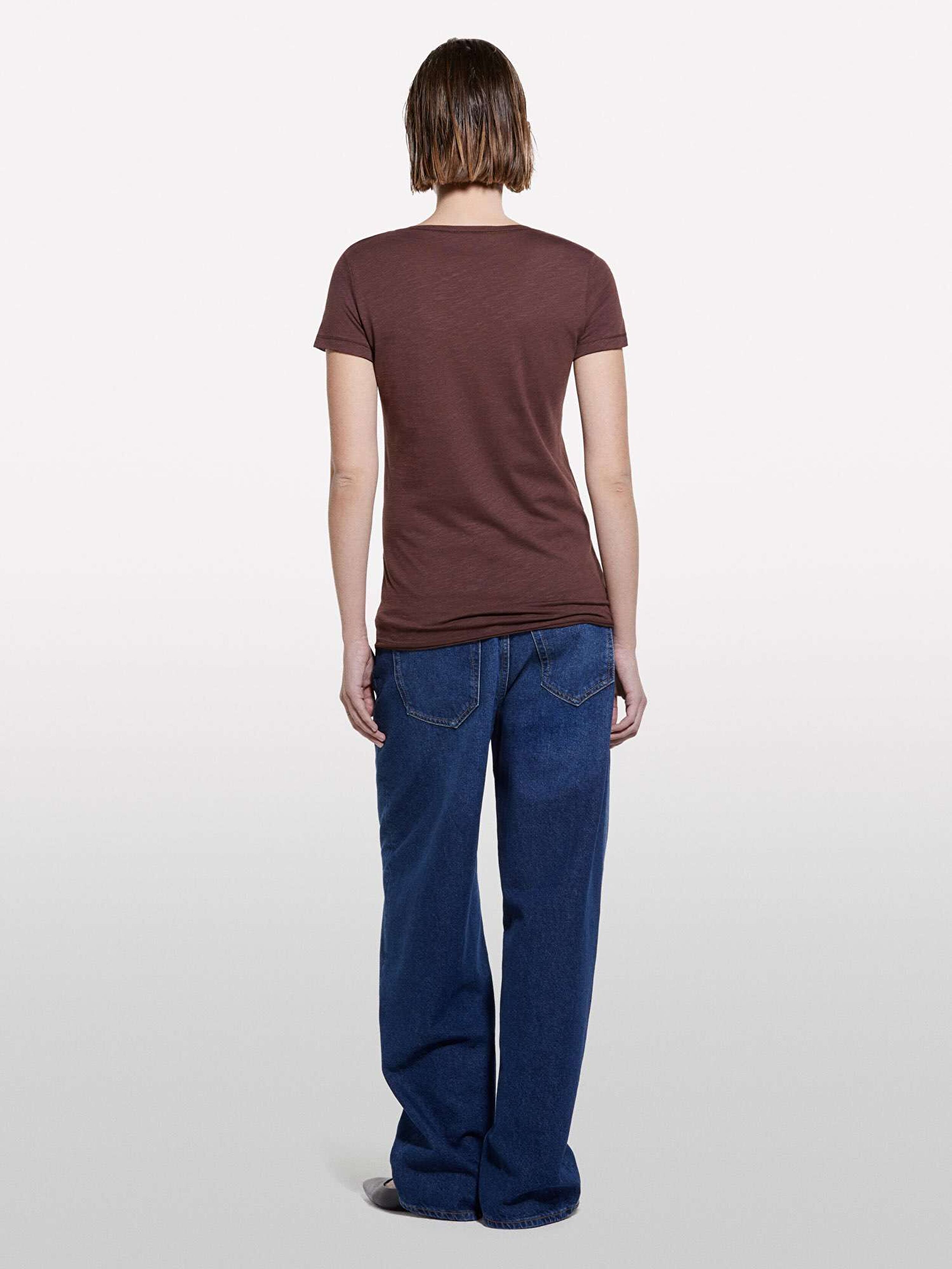 Resim Kadın Koyu kahverengi Pamuk Modal Karışımlı Normal Kalıp Bisiklet Yaka T-Shirt