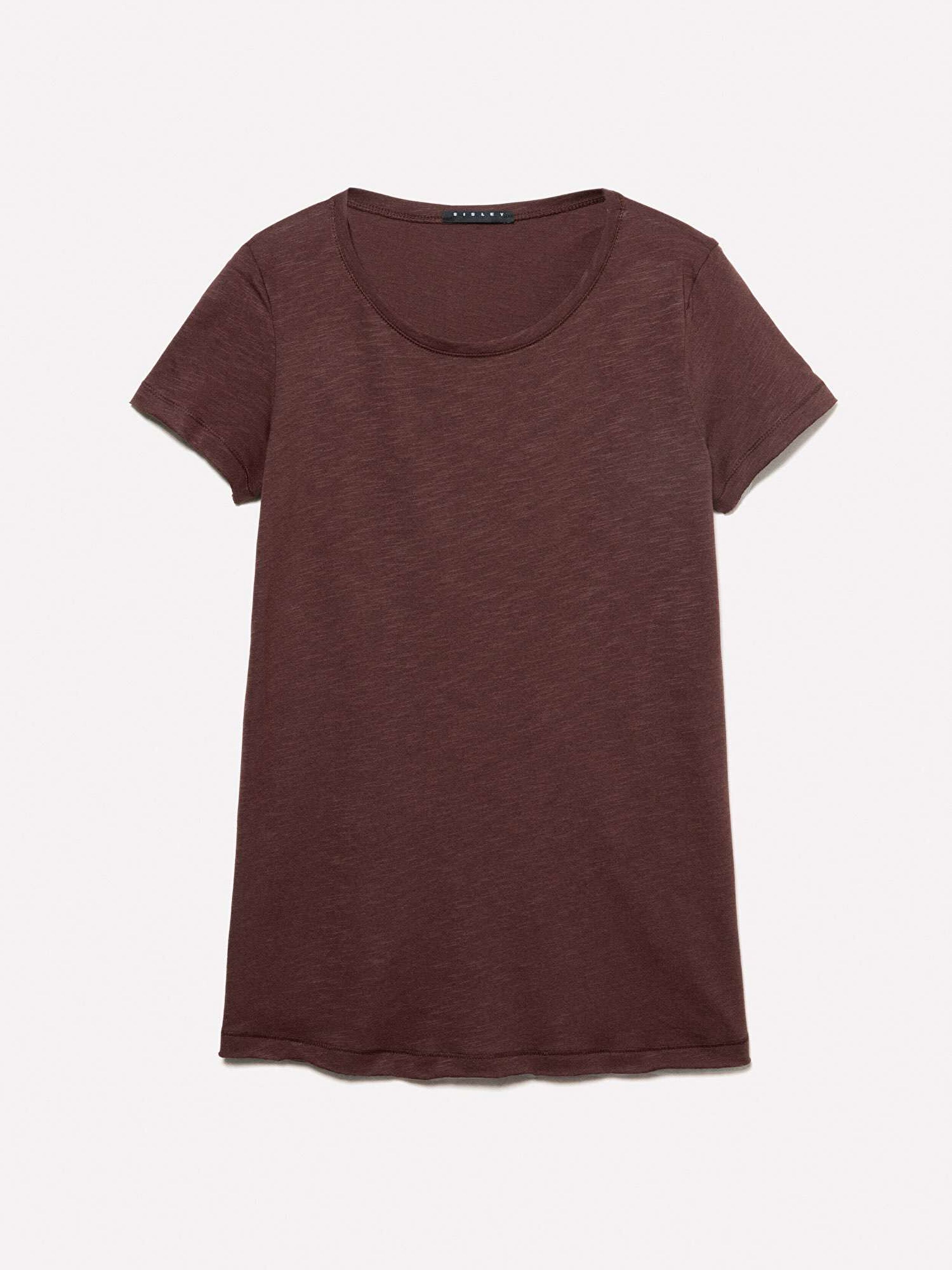 Resim Kadın Koyu kahverengi Pamuk Modal Karışımlı Normal Kalıp Bisiklet Yaka T-Shirt