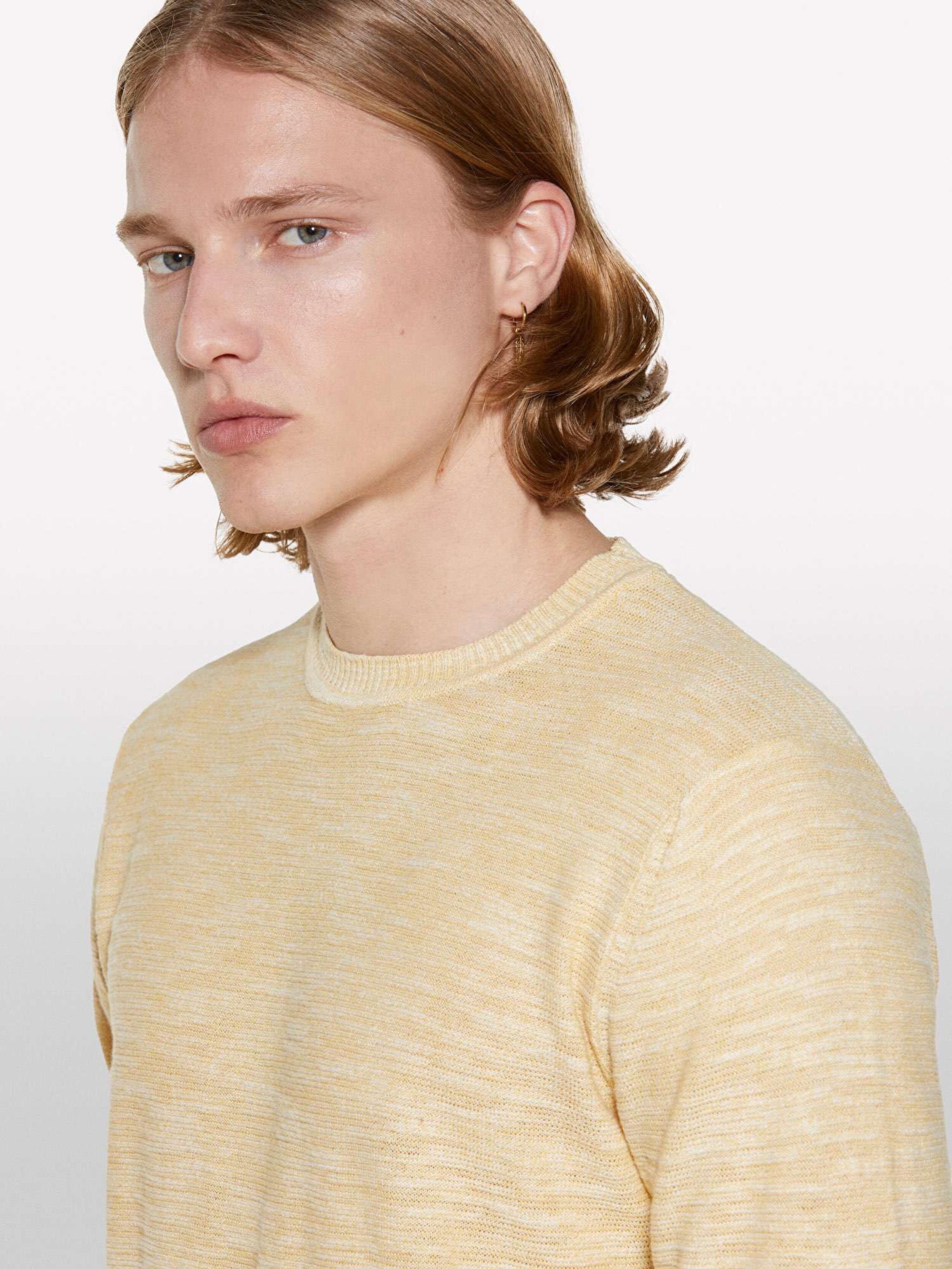 Resim Erkek Açık Hardal Pamuk Karışımlı Uzun Kollu Bisiklet Yaka Kazak