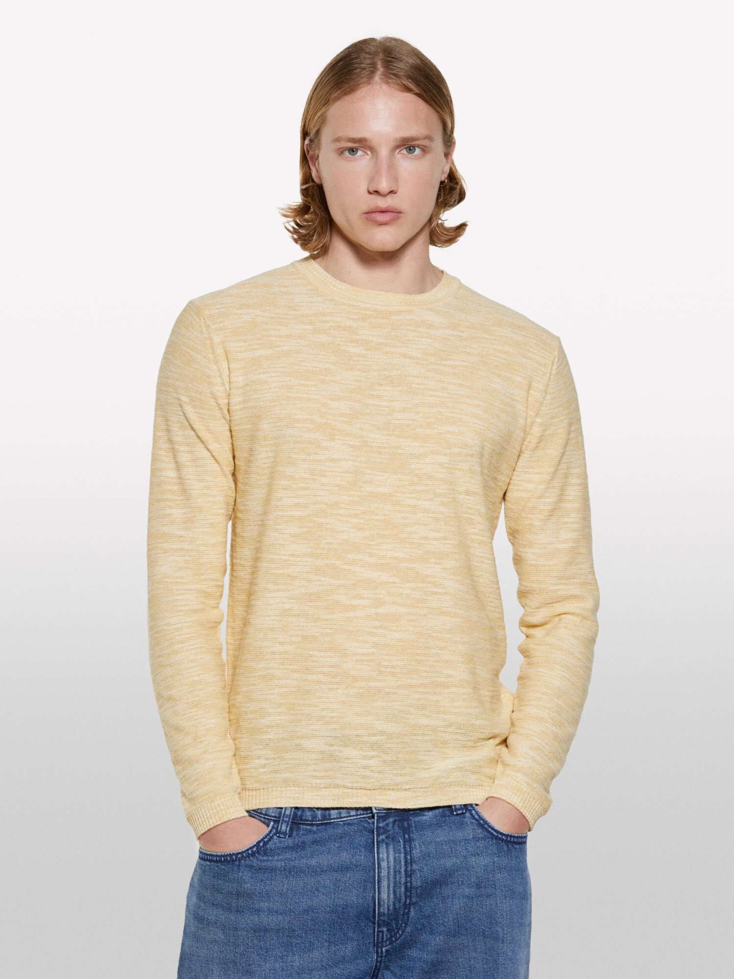 Resim Erkek Açık Hardal Pamuk Karışımlı Uzun Kollu Bisiklet Yaka Kazak