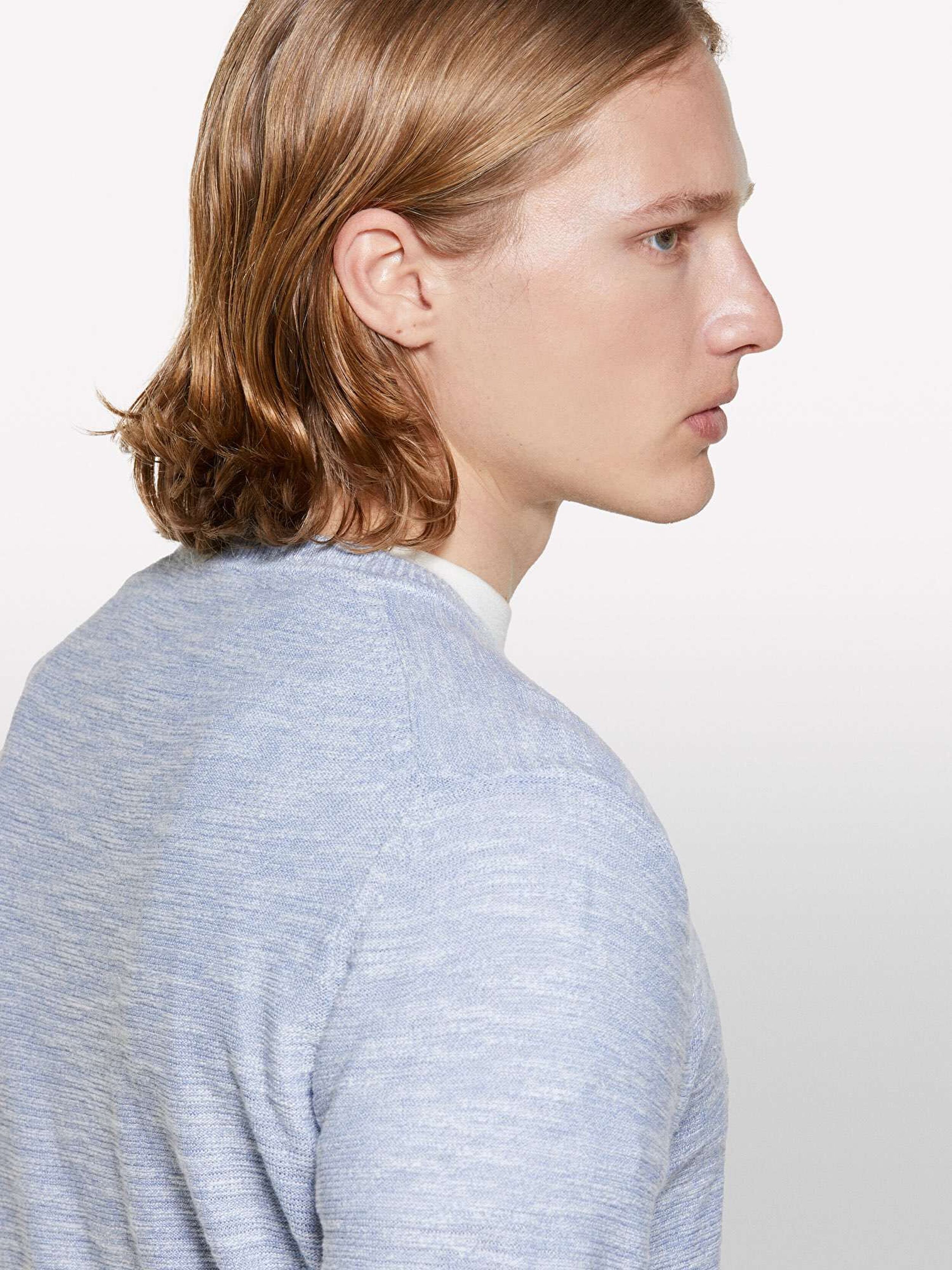 Resim Erkek Açık Mavi Pamuk Karışımlı Uzun Kollu Bisiklet Yaka Kazak