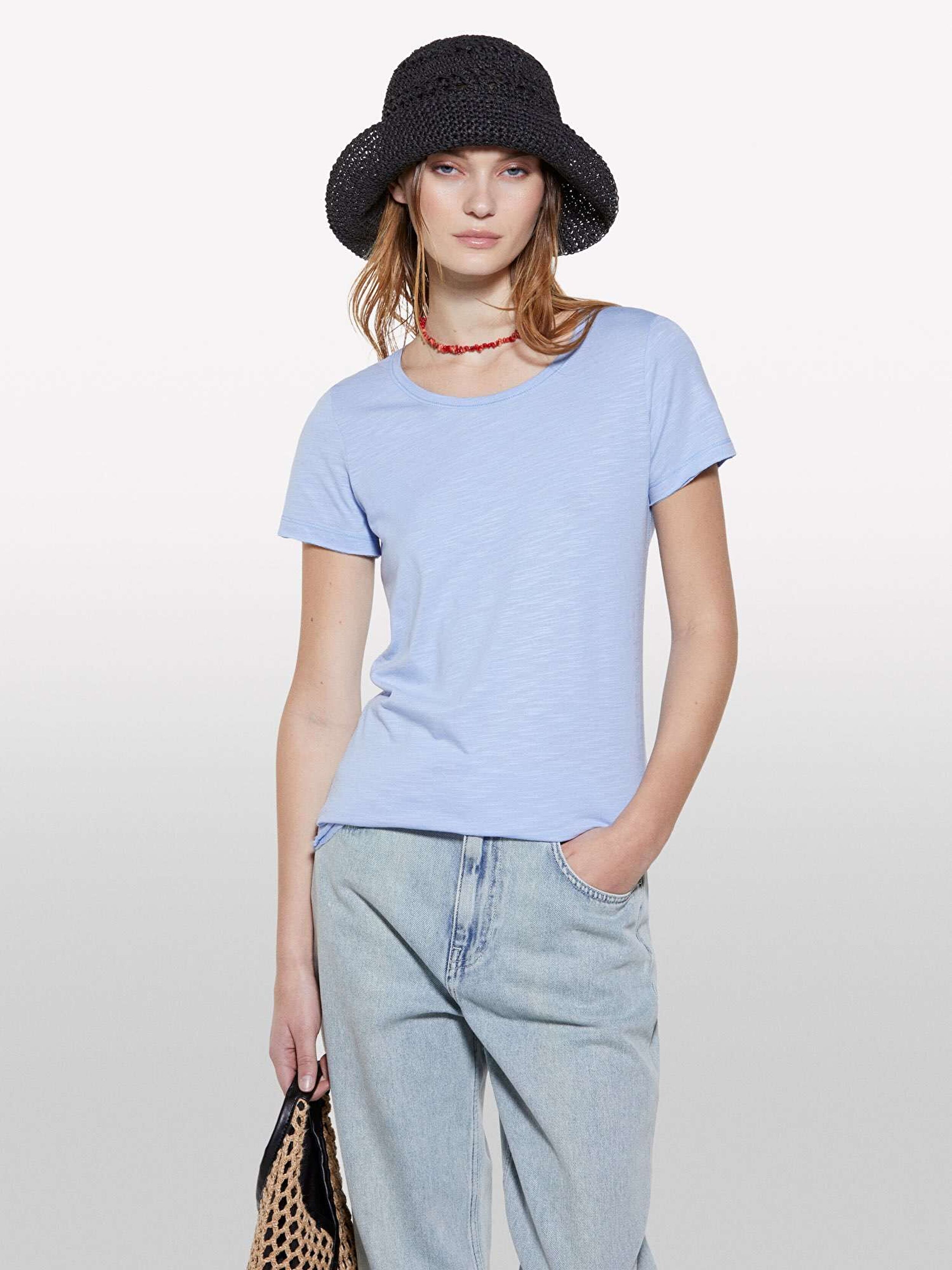 Resim Kadın Açık Mavi Pamuk Modal Karışımlı Bisiklet Yaka T-Shirt