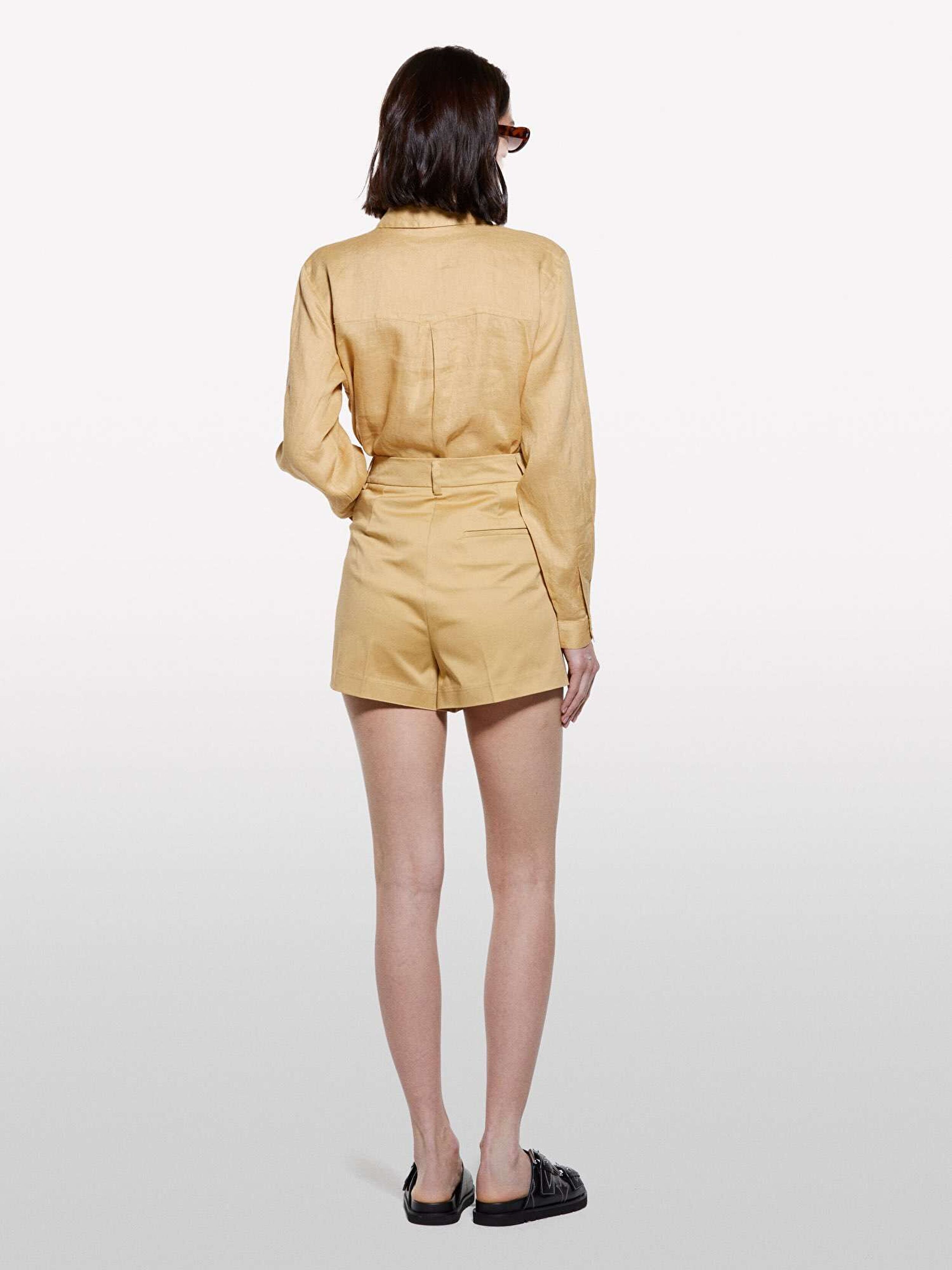 Resim Kadın Kese Kağıdı %100 Keten Düğmeli Göğüs Cepli Uzun Kollu Gömlek