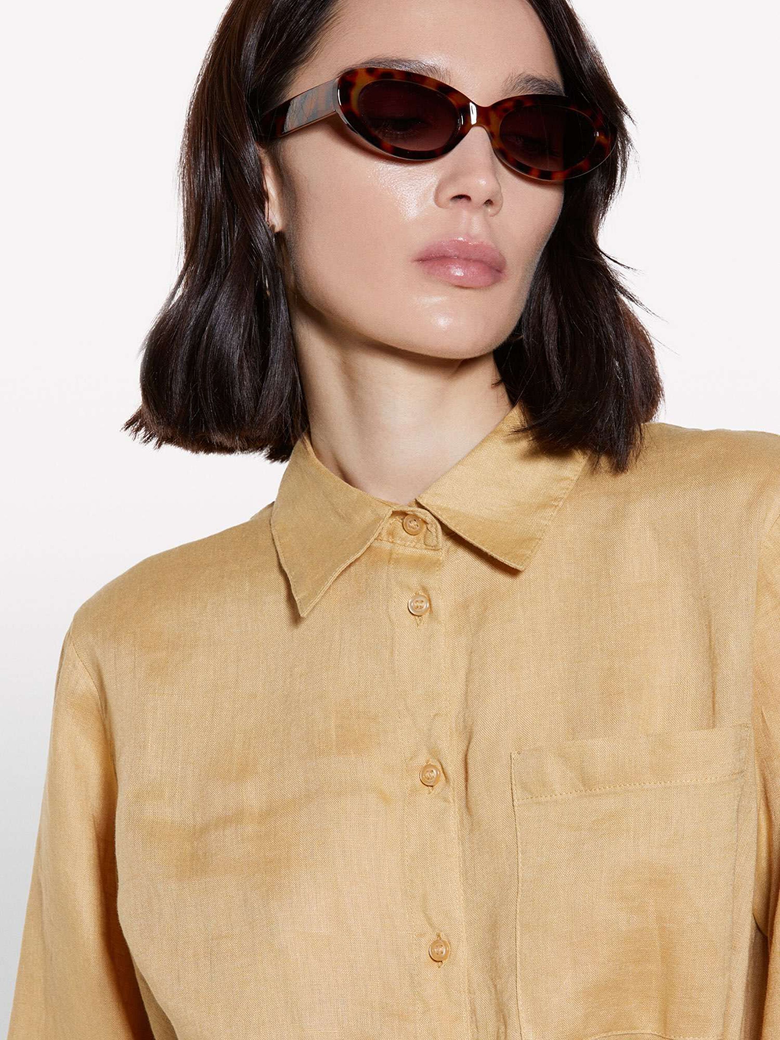 Resim Kadın Kese Kağıdı %100 Keten Düğmeli Göğüs Cepli Uzun Kollu Gömlek