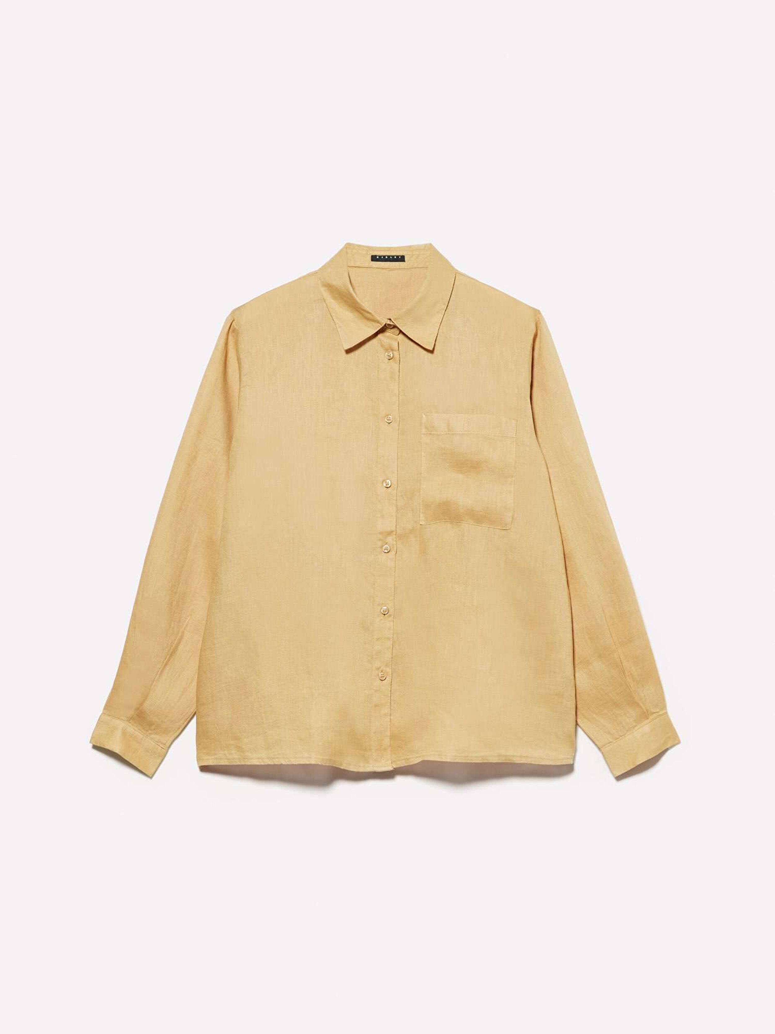 Resim Kadın Kese Kağıdı %100 Keten Düğmeli Göğüs Cepli Uzun Kollu Gömlek