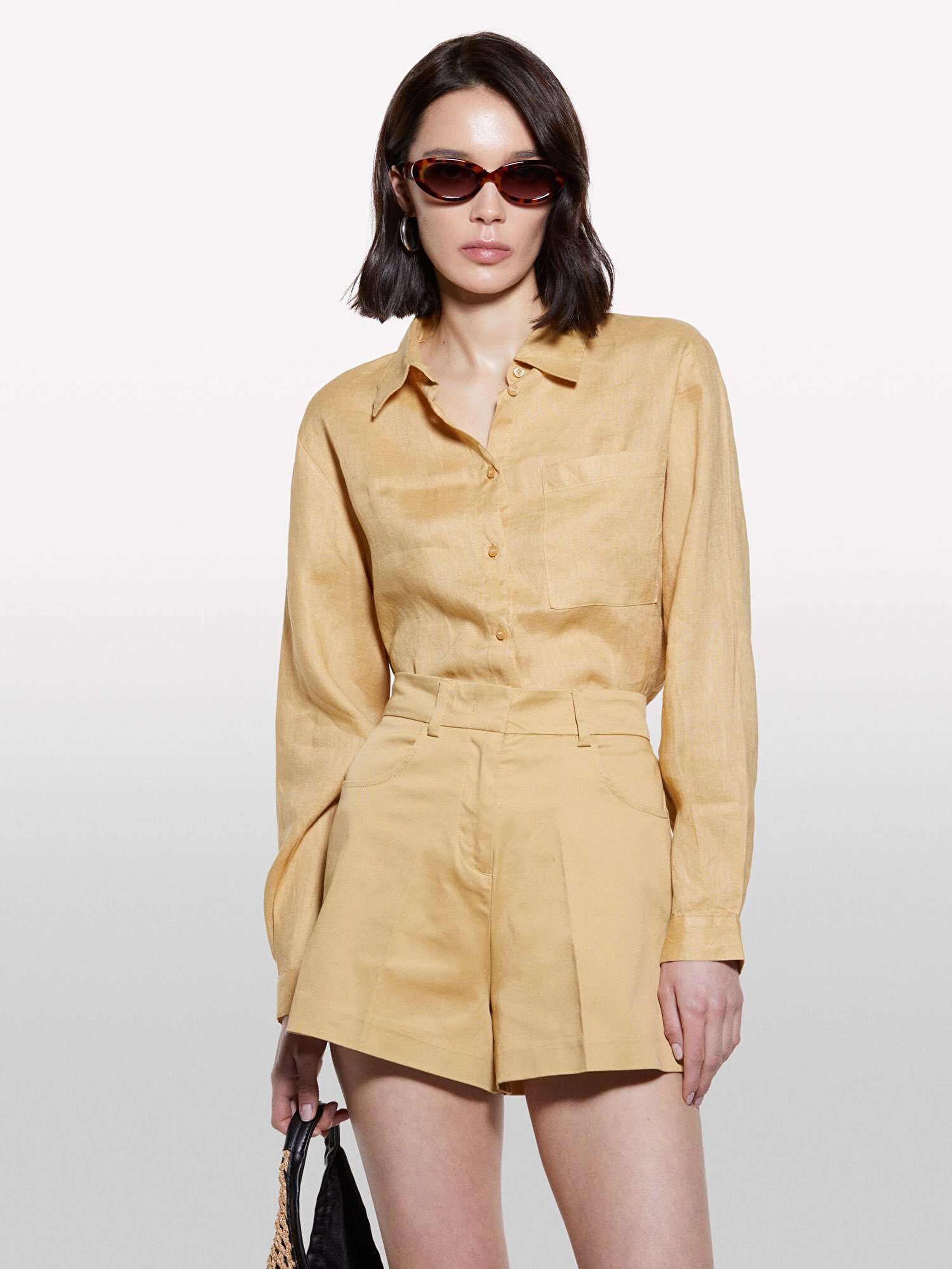 Resim Kadın Kese Kağıdı %100 Keten Düğmeli Göğüs Cepli Uzun Kollu Gömlek