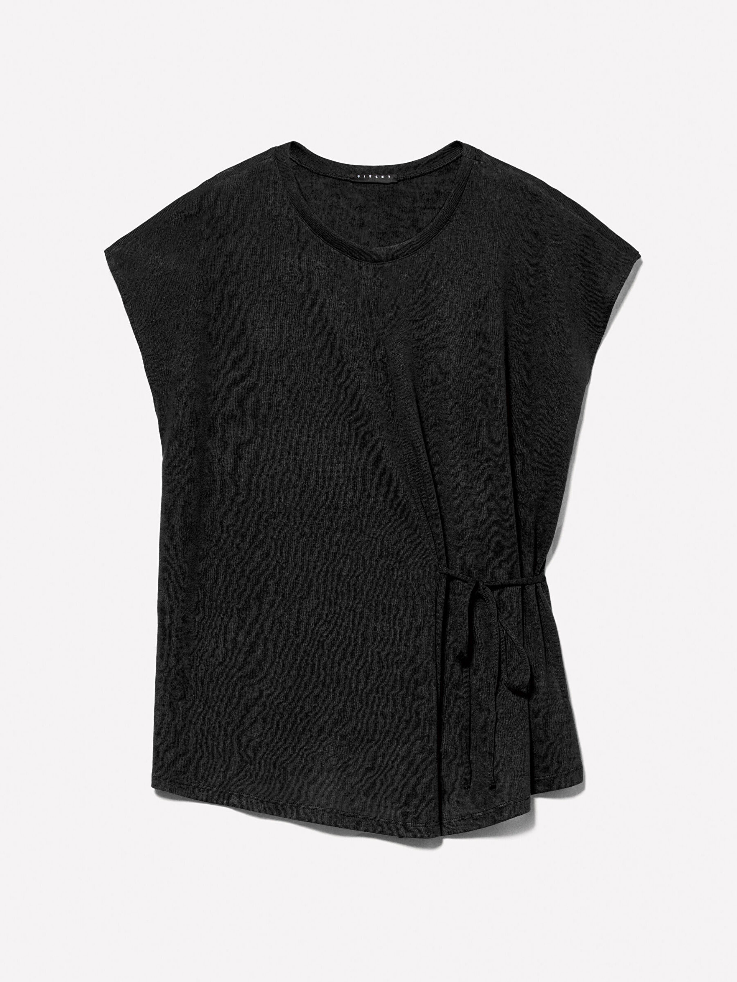 Resim Kadın Siyah Viskoz Karışımlı Önü Bağlama Detaylı Regular Fit T-Shirt