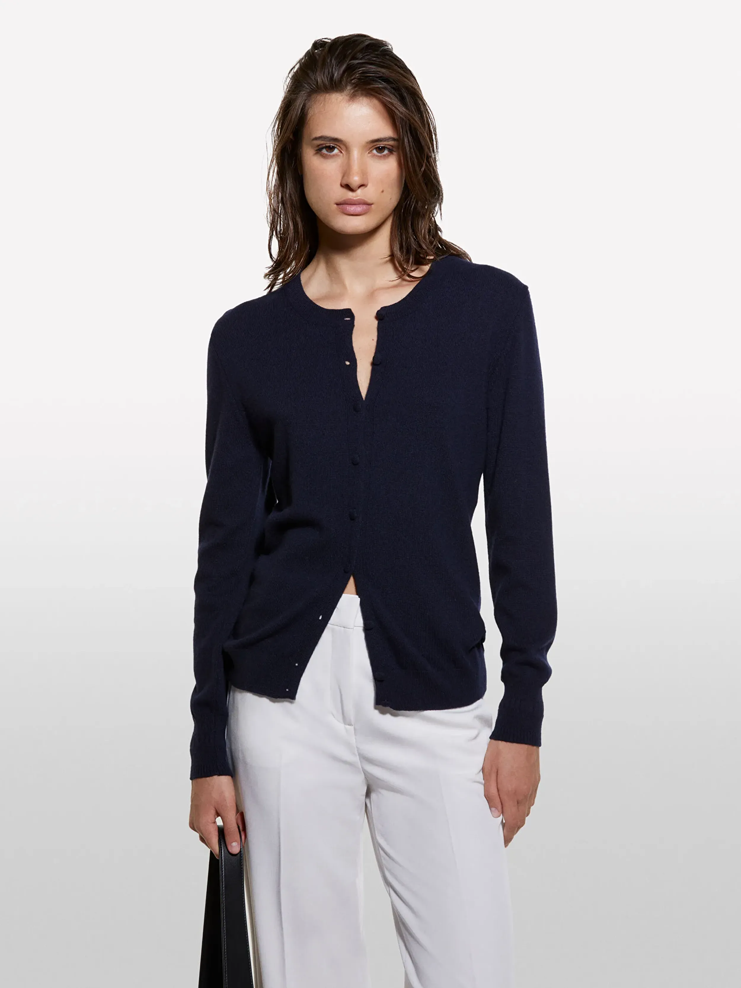 Resim Kadın Lacivert Yün ve Kaşmir Karışımlı Ribana Detaylı Bisiklet Yaka Hırka