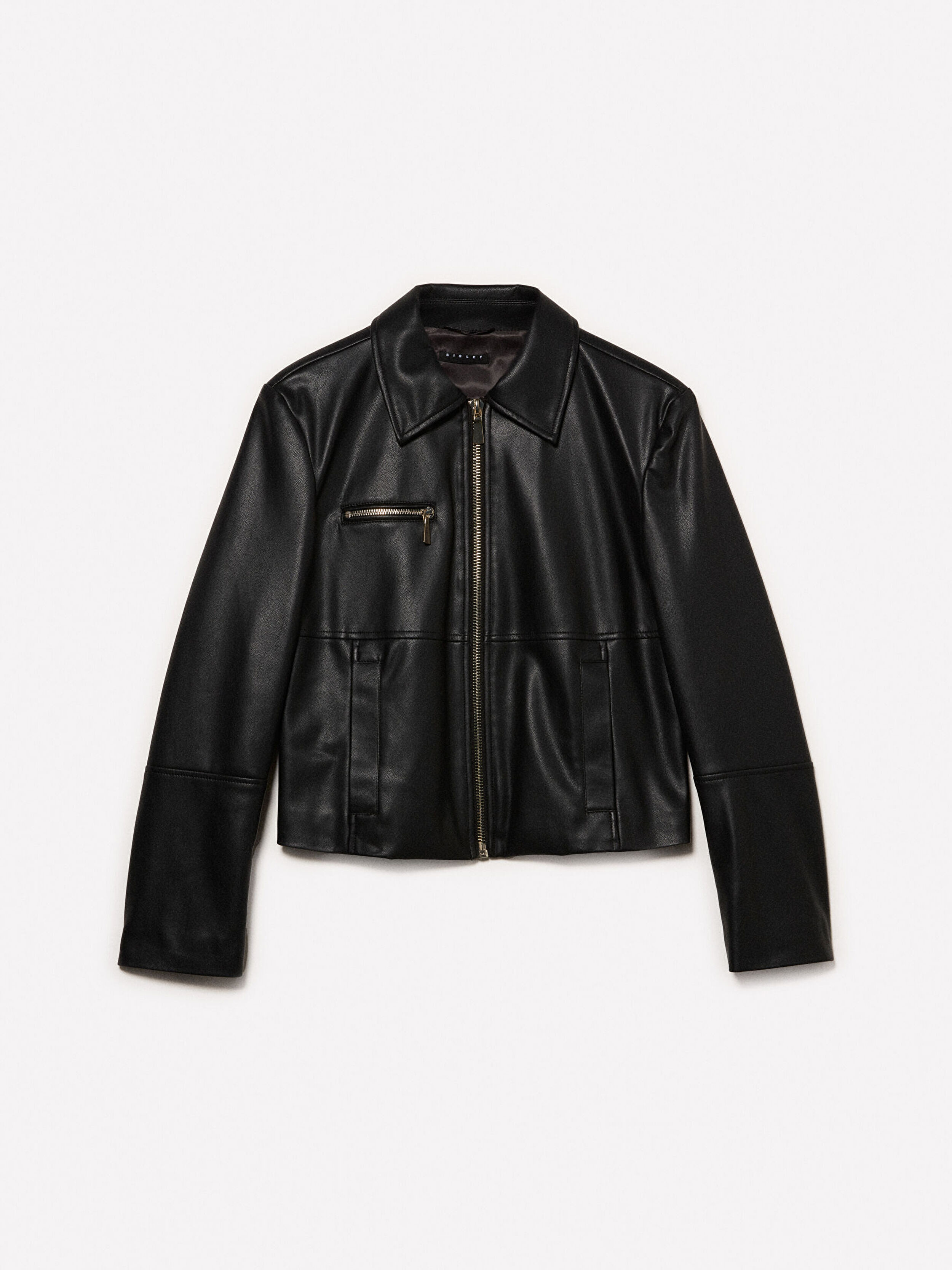 Resim Kadın Siyah Viskoz Karışımlı Deri Görünümlü Fermuarlı Regular Fit Ceket