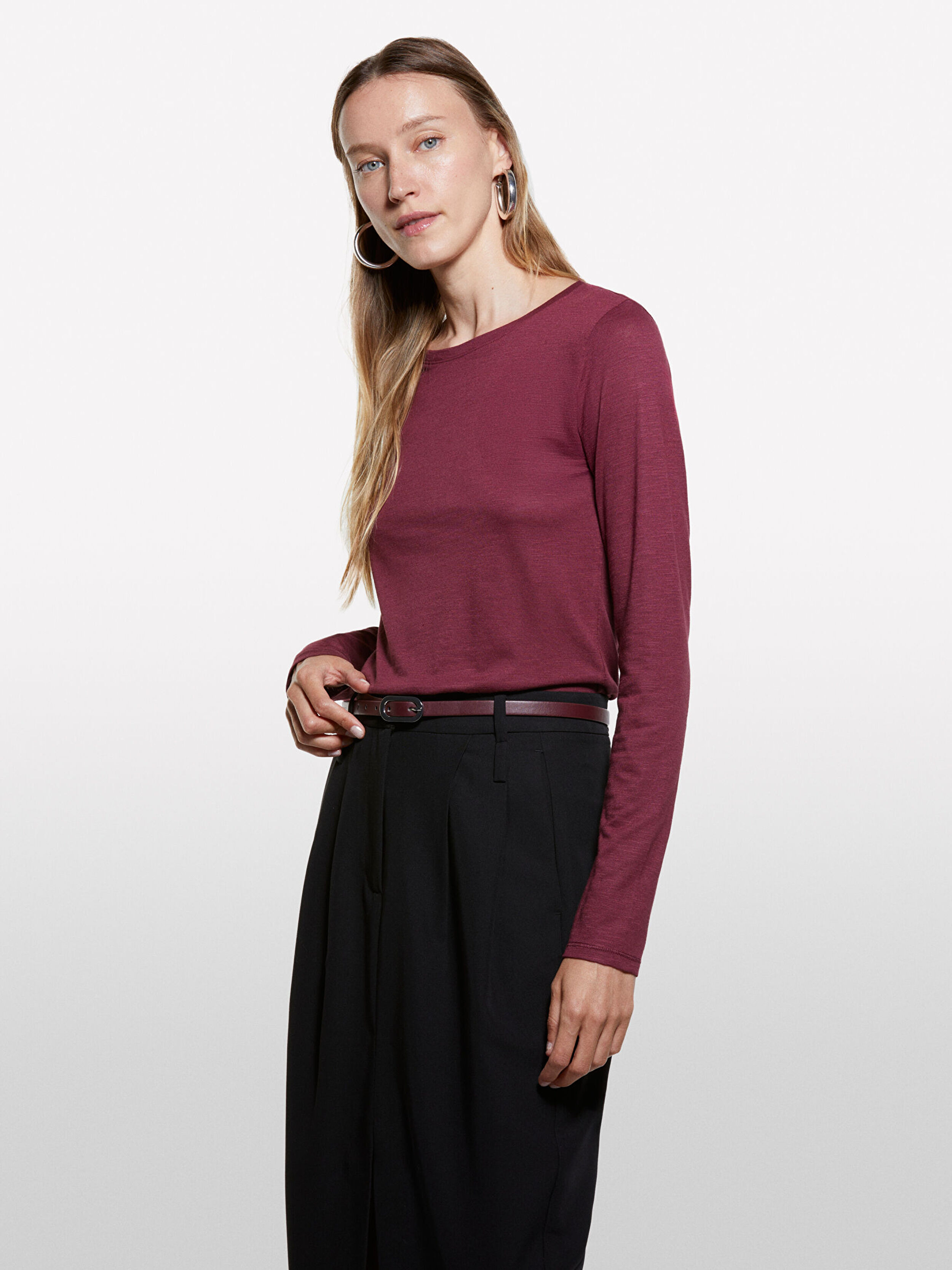 Resim Kadın Bordo Koton & Modal Karışımlı Regular Fit Bisiklet Yaka Uzun Kollu T-Shirt