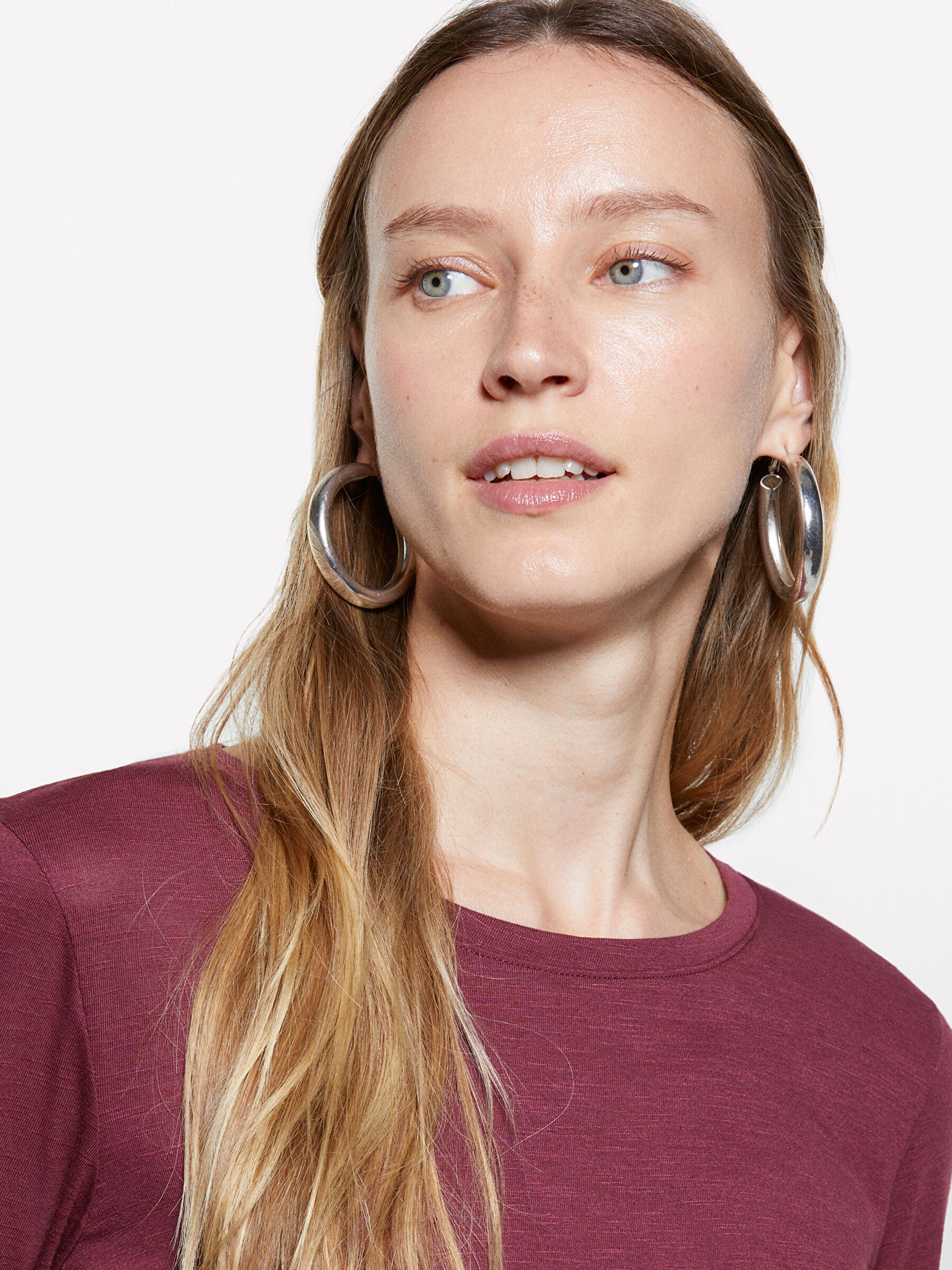 Resim Kadın Bordo Koton & Modal Karışımlı Regular Fit Bisiklet Yaka Uzun Kollu T-Shirt