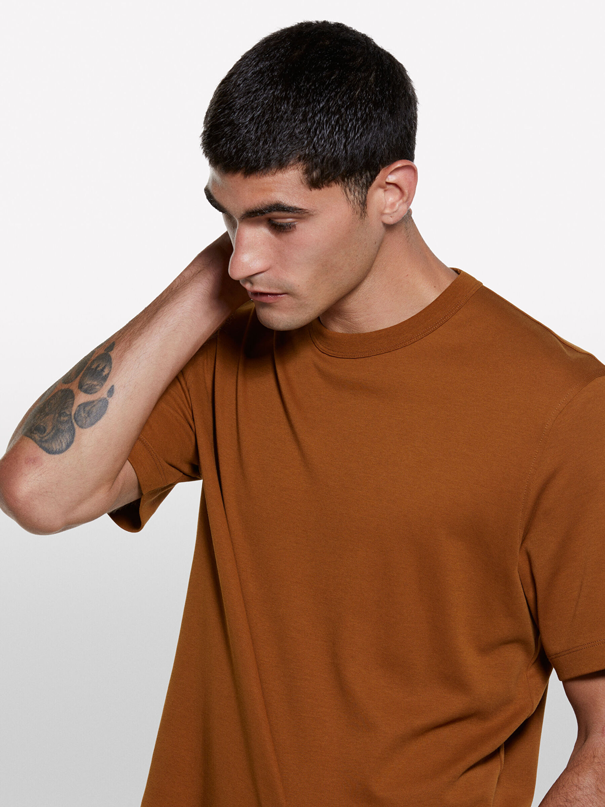 Resim Erkek Taba %100 Pamuk Nervürlü Bisiklet Yaka T-Shirt