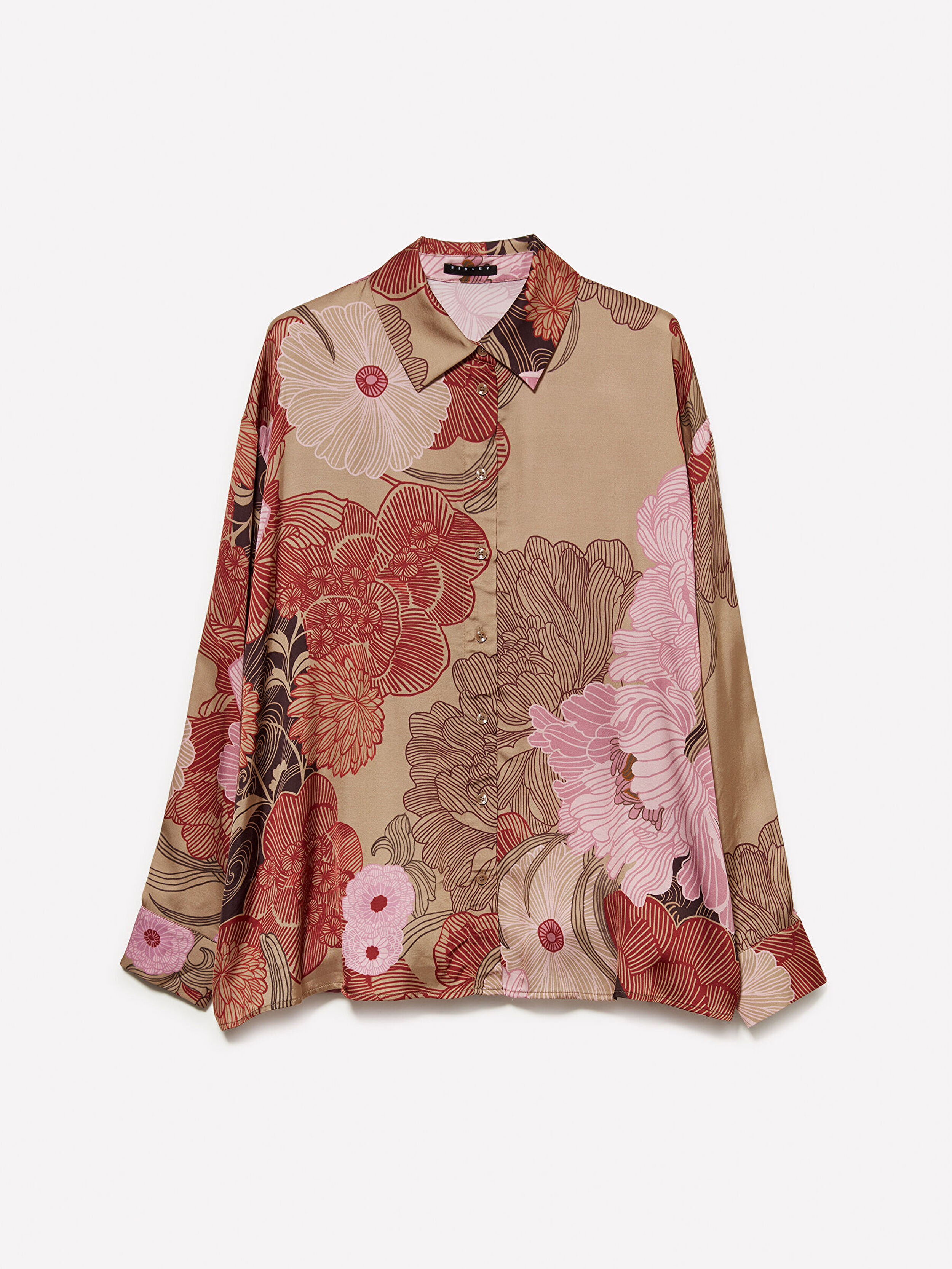 Resim Kadın Pembe Mix %100 Viskoz Tamamı Desenli Asimetrik Oversize Saten Gömlek