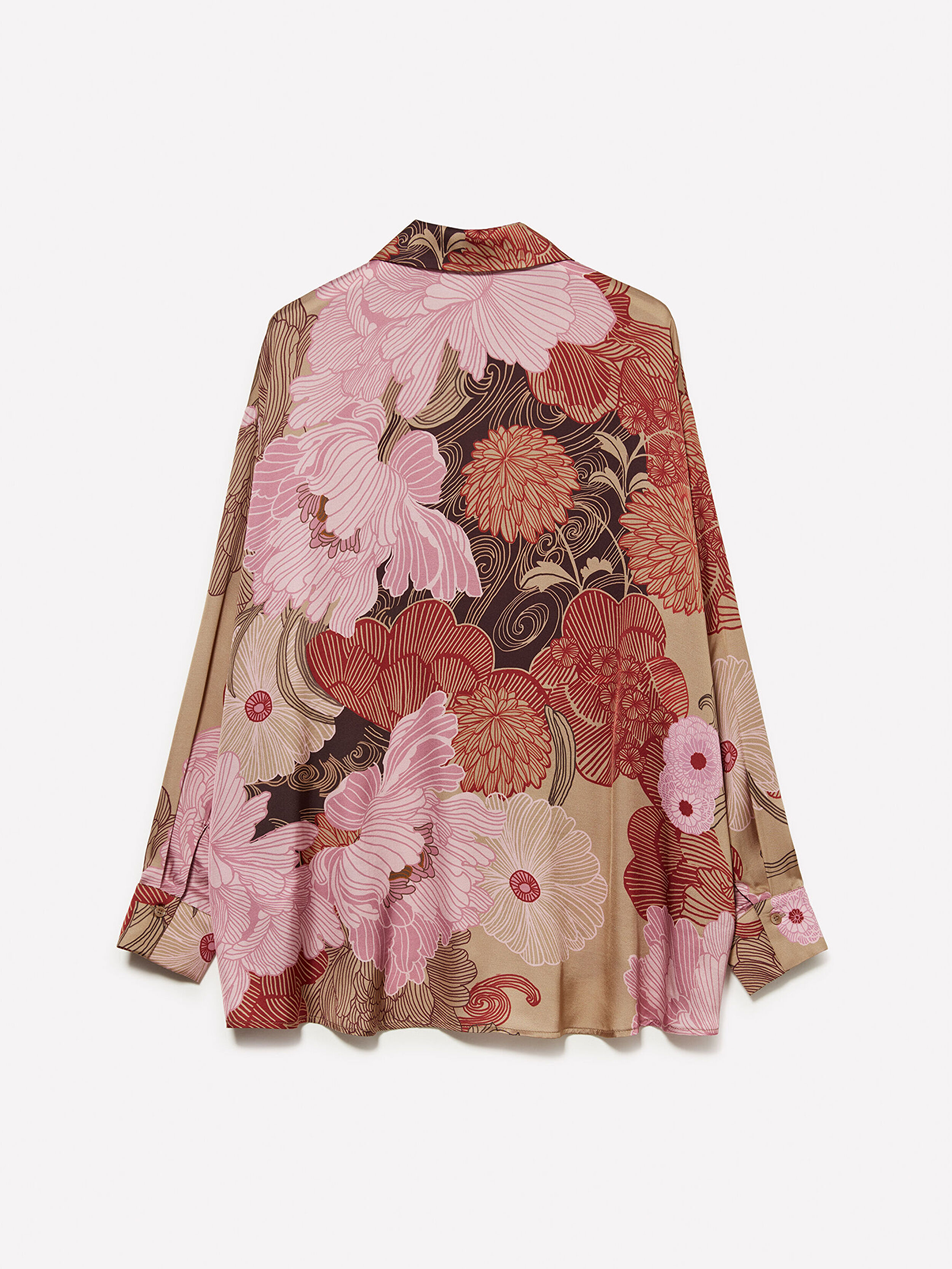 Resim Kadın Pembe Mix %100 Viskoz Tamamı Desenli Asimetrik Oversize Saten Gömlek