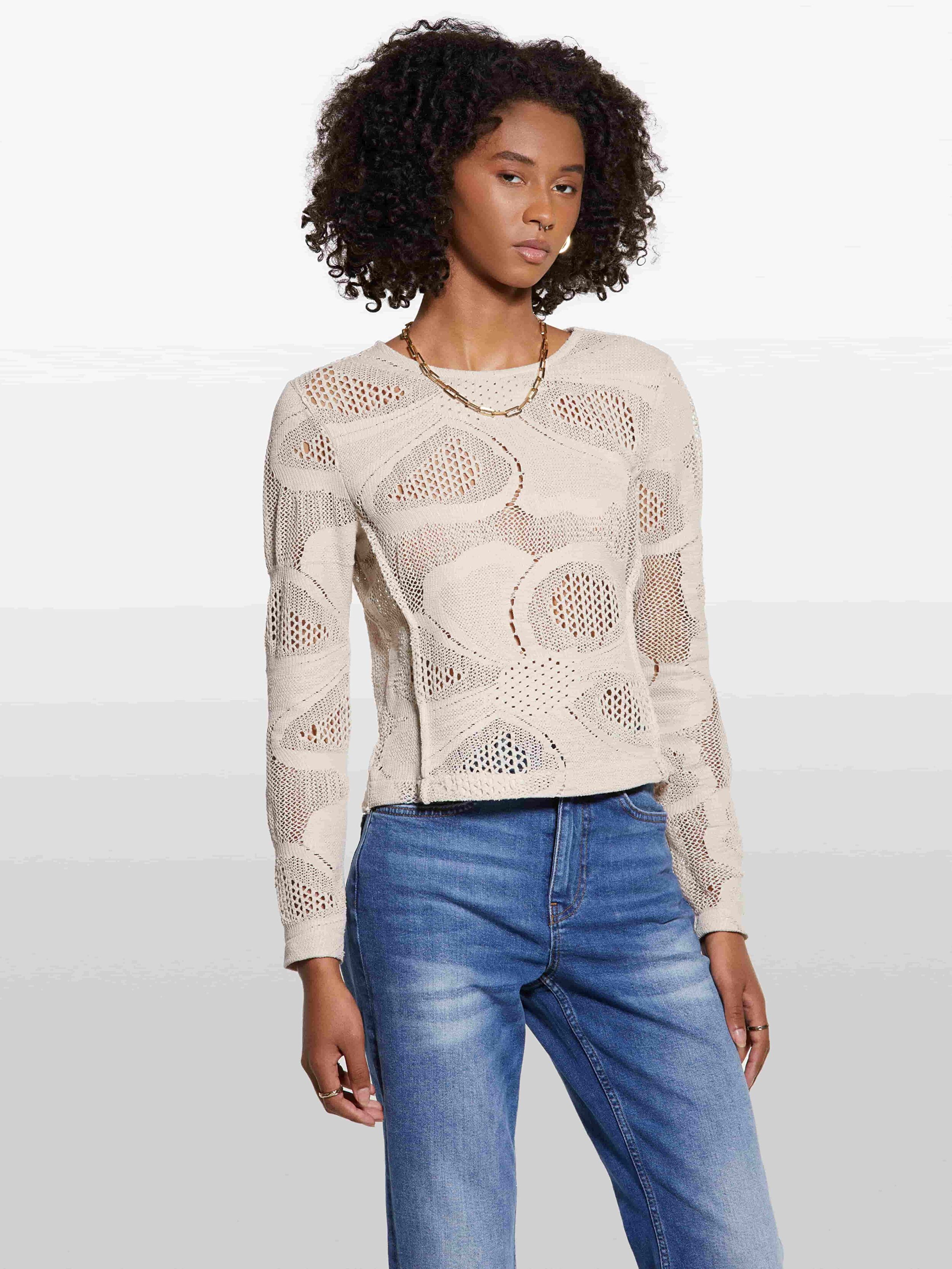 Resim Kadın Ekru Pamuk Karışımlı Delik Detaylı Uzun Kollu T-Shirt