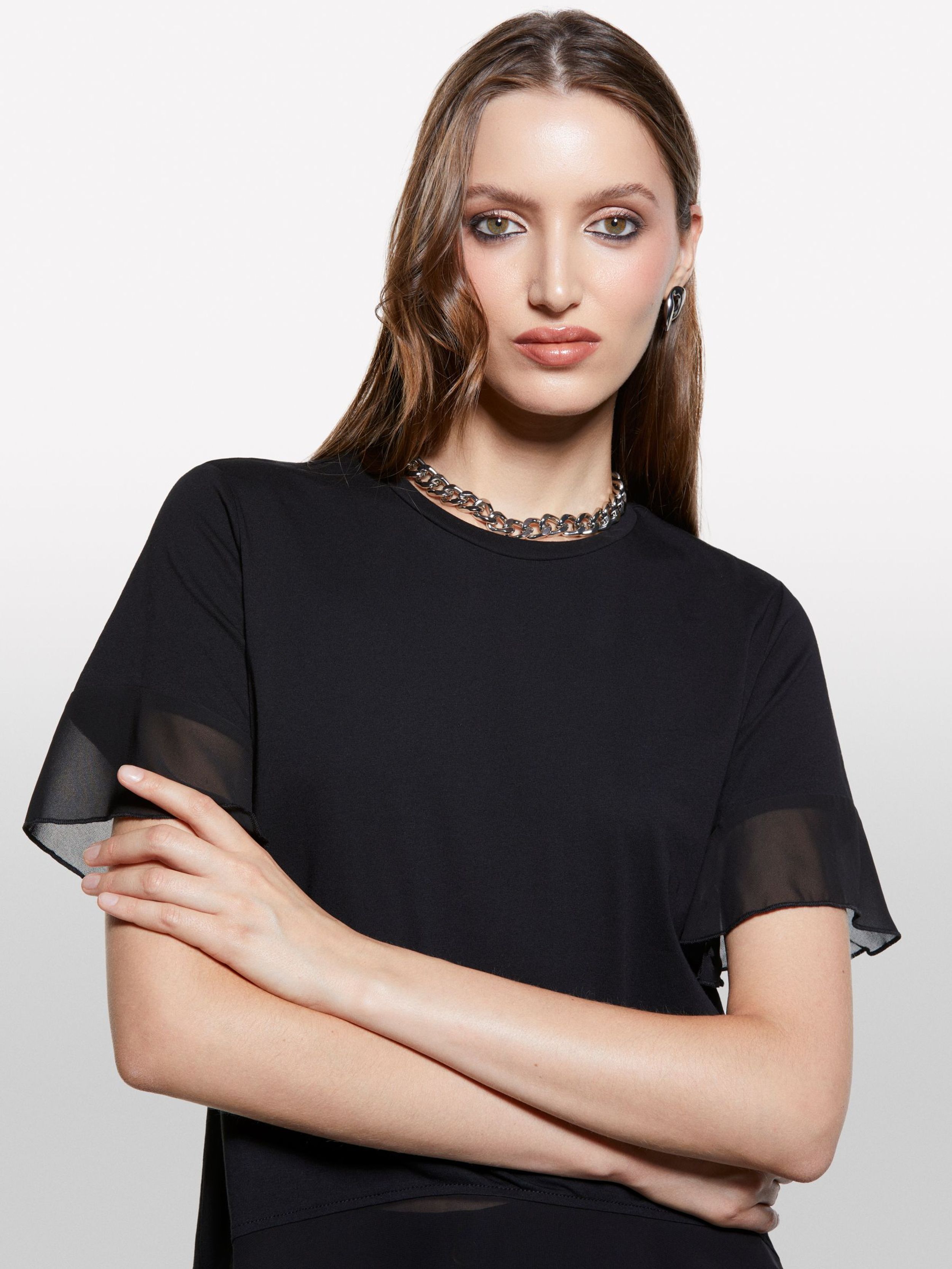 Resim Kadın Siyah %100 Pamuk Pile Eklemeli Boxy Fit T-Shirt