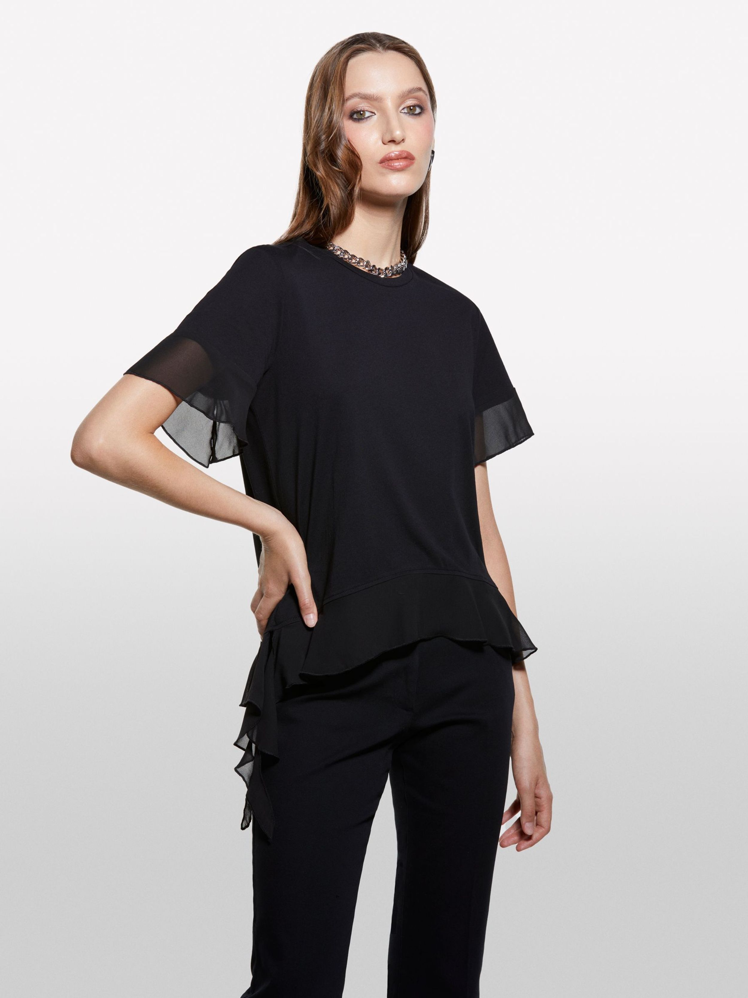Resim Kadın Siyah %100 Pamuk Pile Eklemeli Boxy Fit T-Shirt