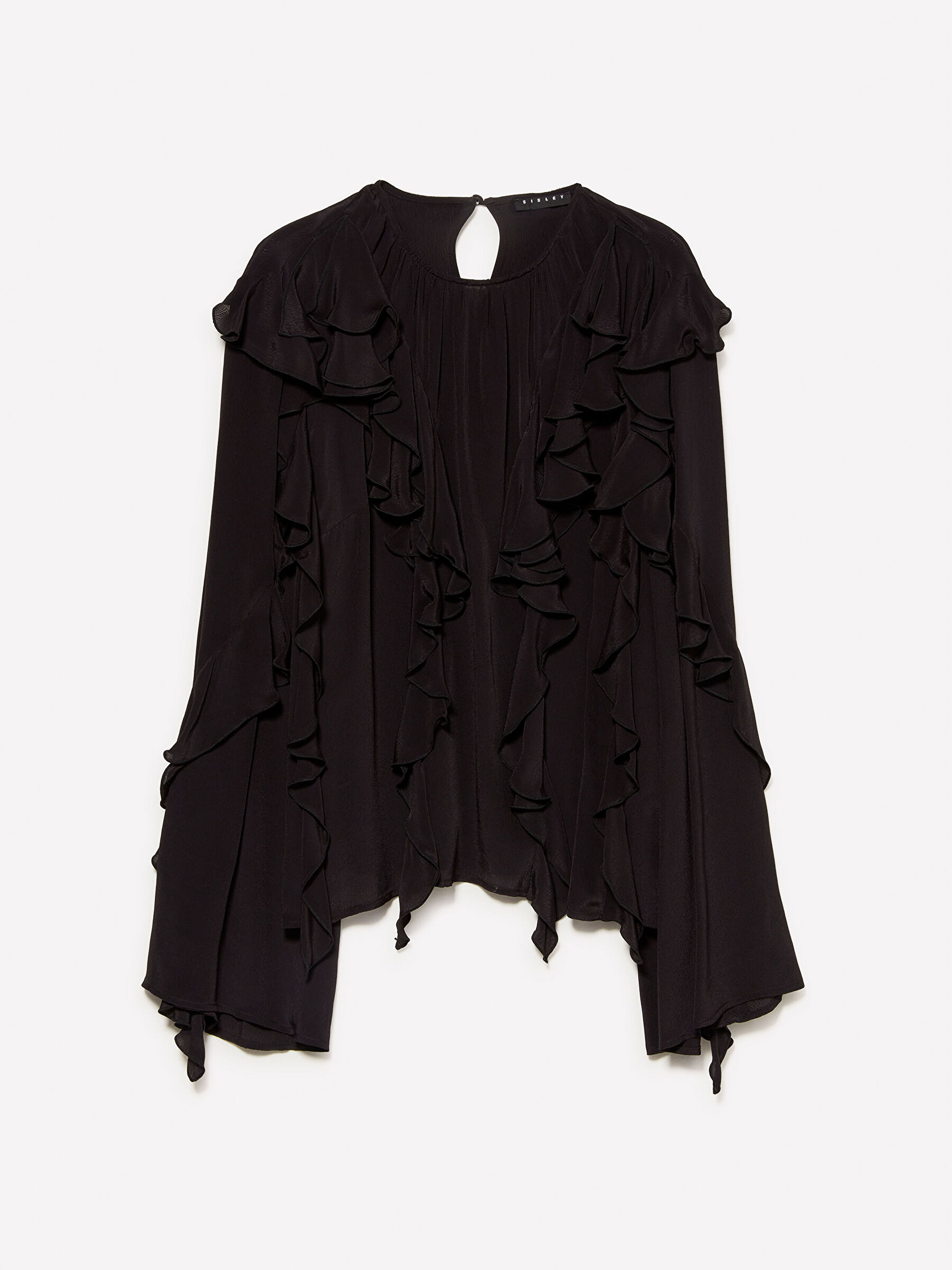 Resim Kadın Siyah %100 Viskoz Fırfır Detaylı Comfort Fit Bohem Bluz