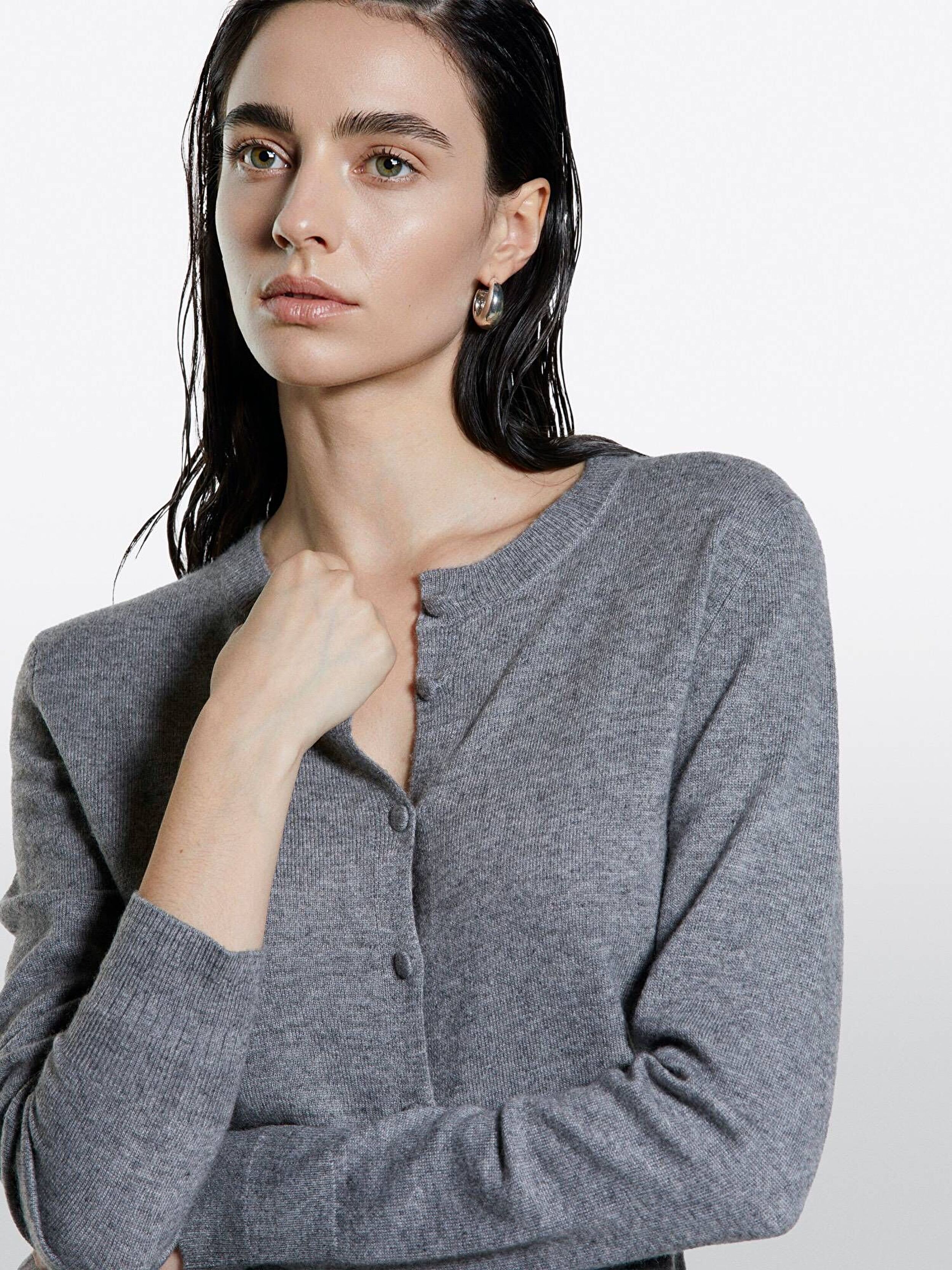 Resim Kadın Gri Yün ve Kaşmir Karışımlı Ribana Detaylı Bisiklet Yaka Hırka