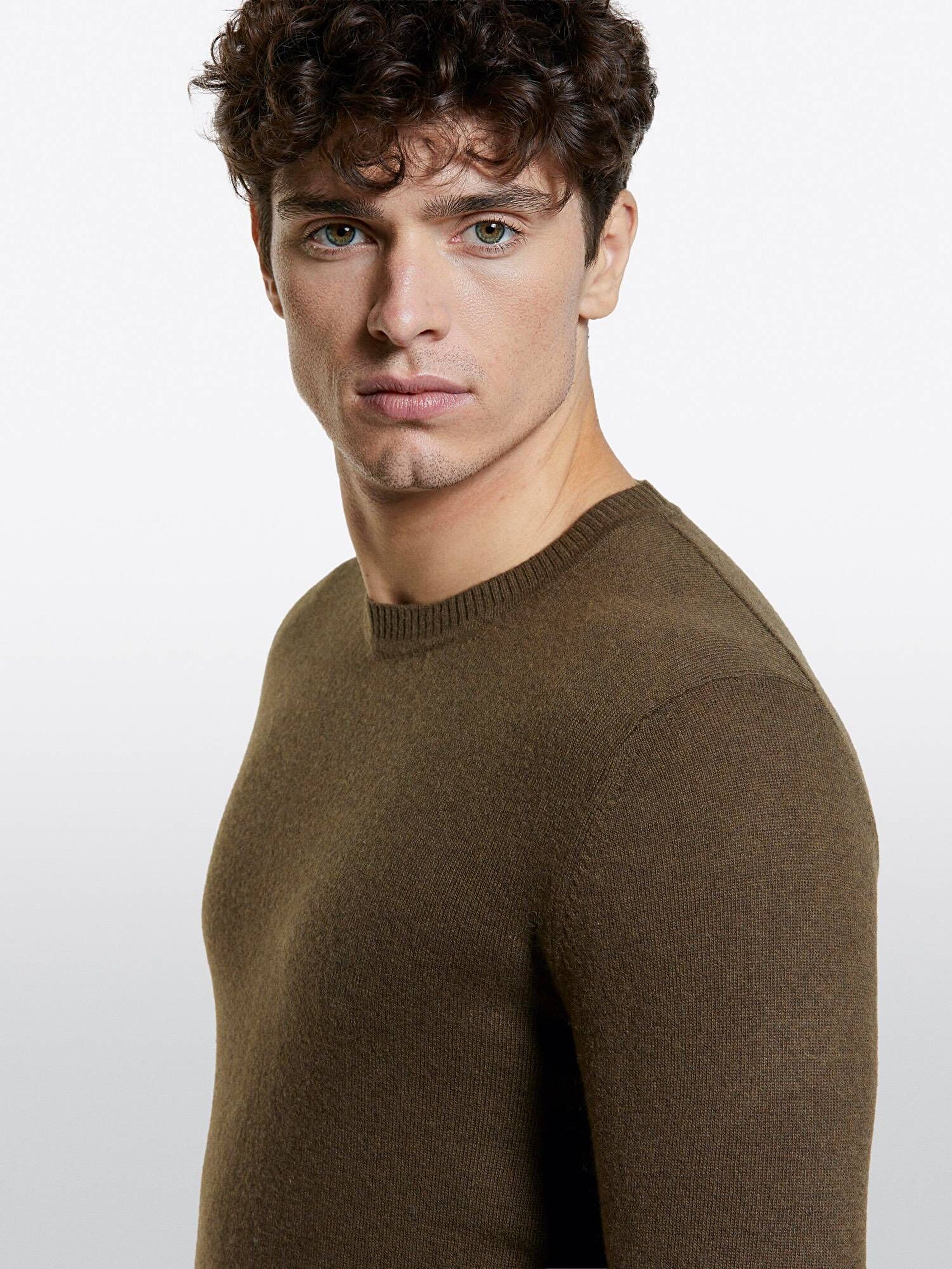 Resim Erkek Kahverengi Kaşmir Karışımlı Bisiklet Yaka Kazak