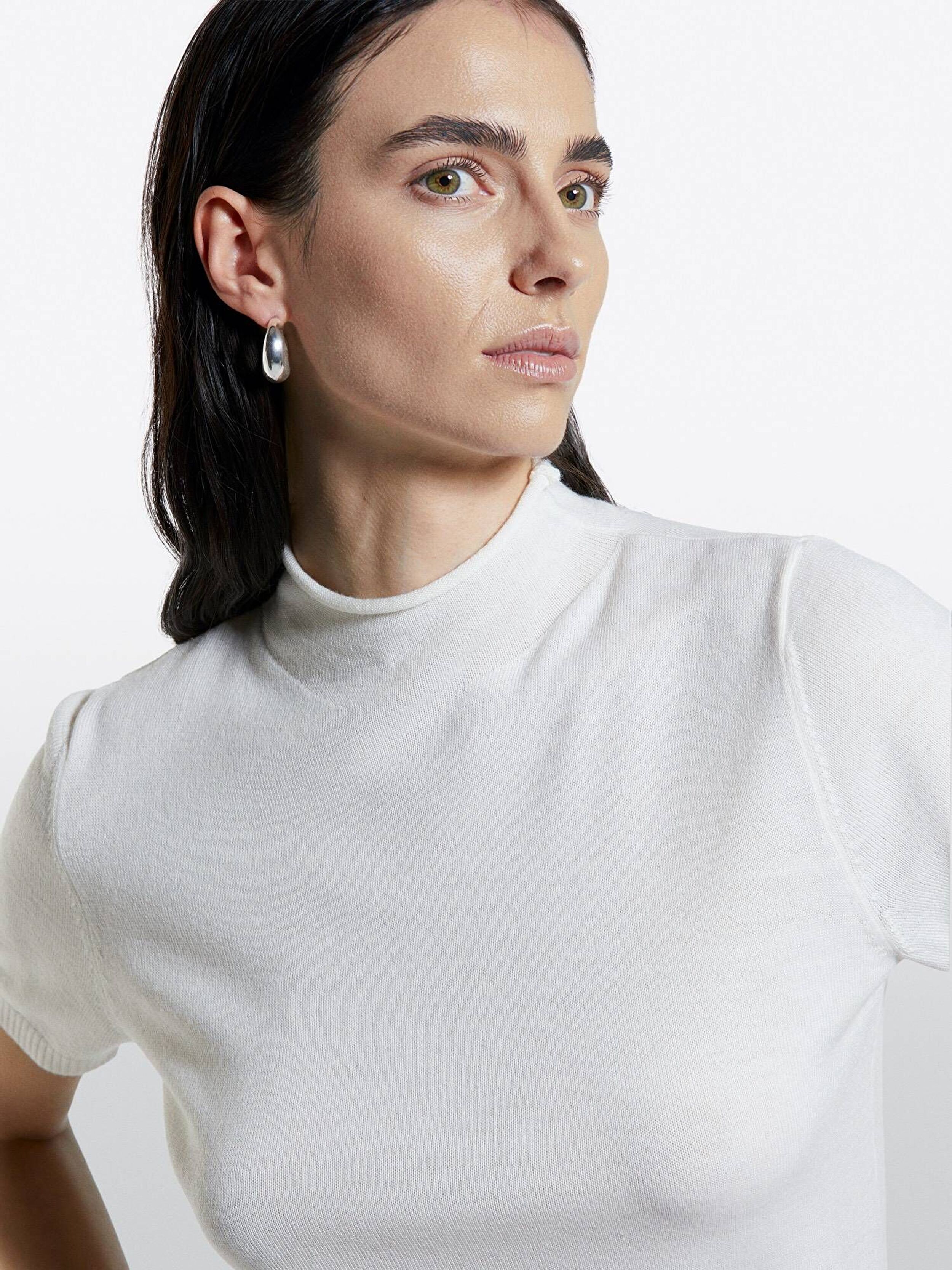 Resim Kadın Krem Yün Karışımlı Yarım Kollu Balıkçı Yaka Kazak