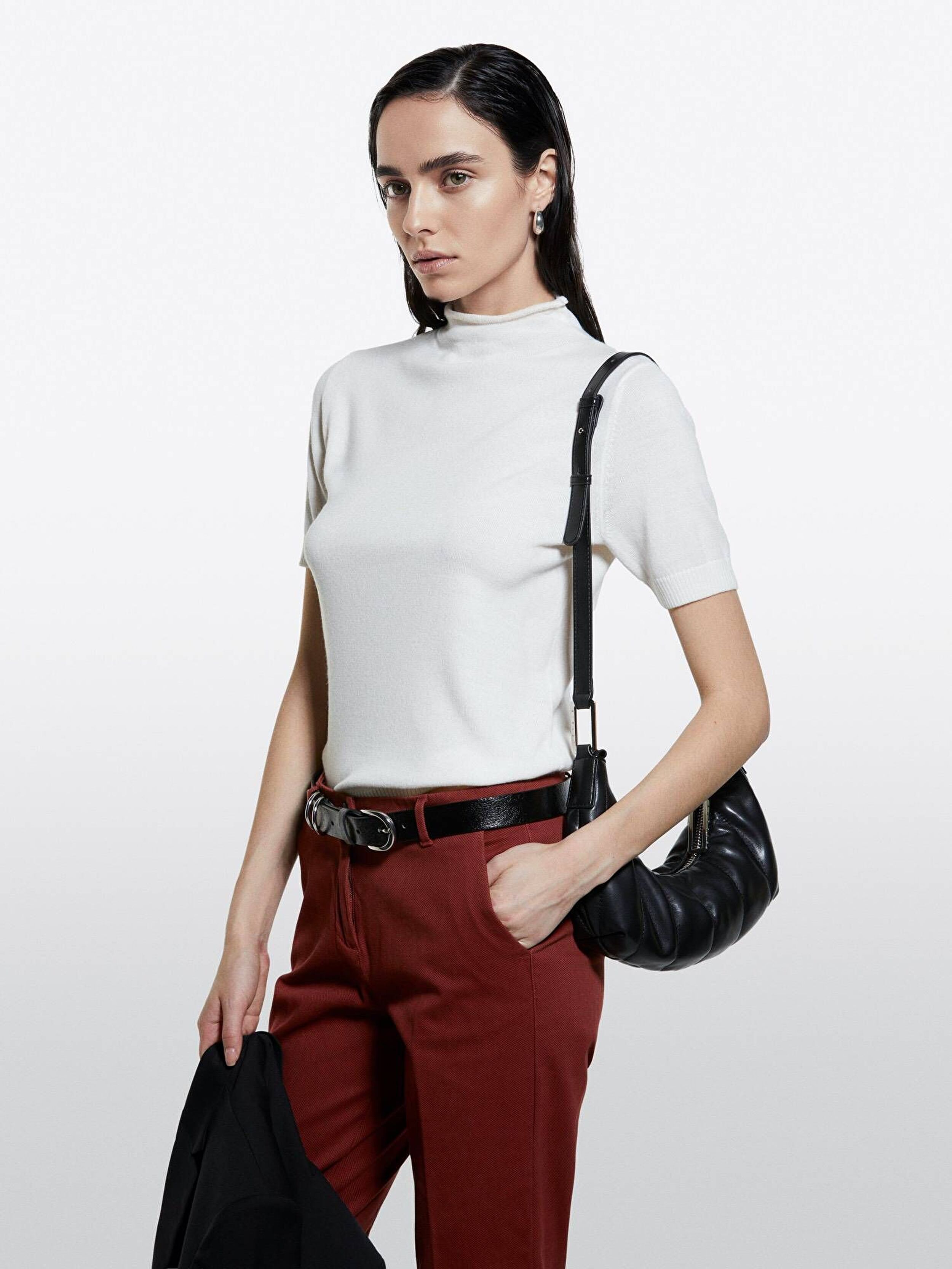 Resim Kadın Krem Yün Karışımlı Yarım Kollu Balıkçı Yaka Kazak