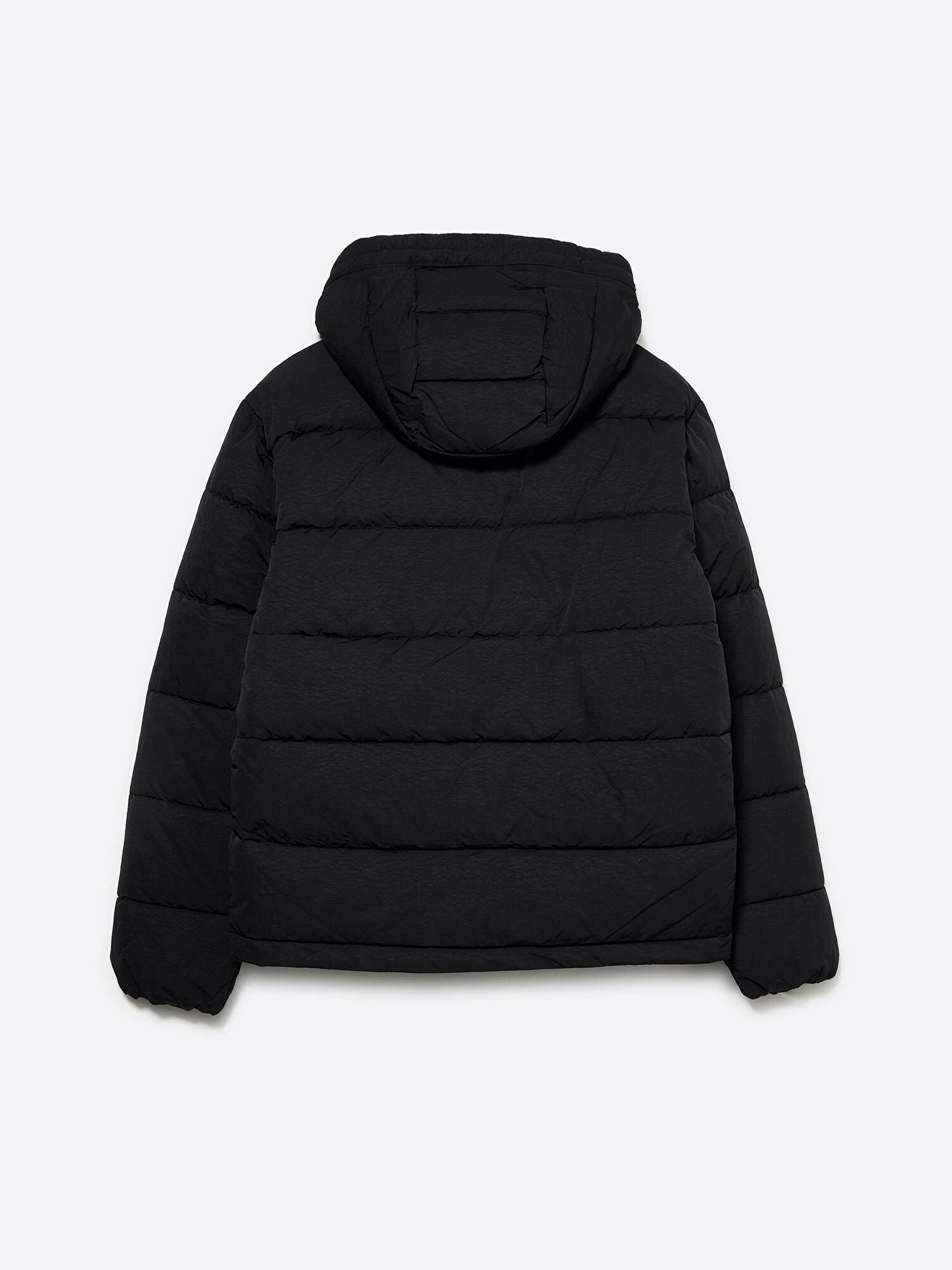 Resim Erkek Lacivert Logo Detaylı Fermuarlı Çıkarılabilir Kapüşonlu Dolgulu Mont