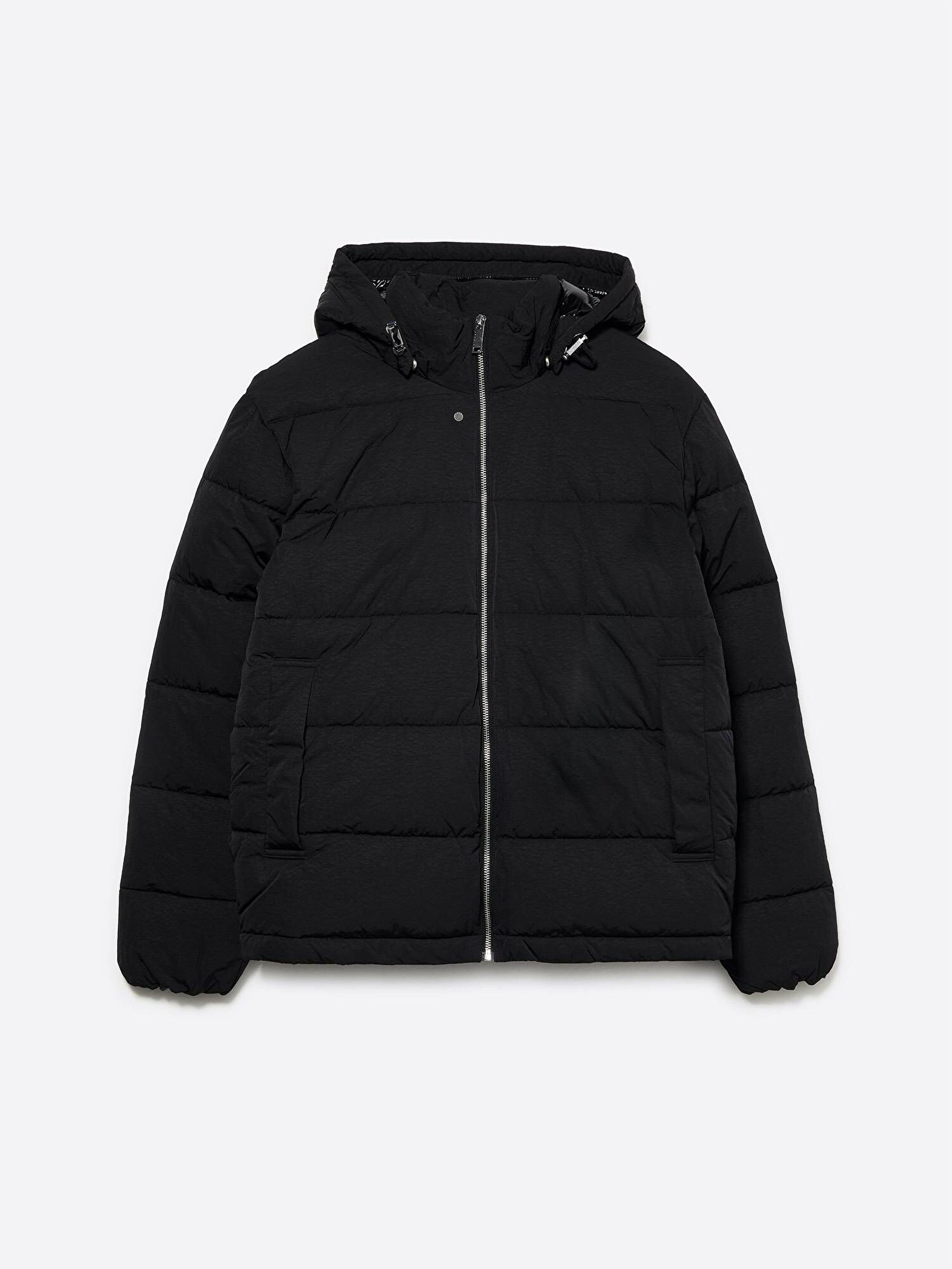 Resim Erkek Lacivert Logo Detaylı Fermuarlı Çıkarılabilir Kapüşonlu Dolgulu Mont