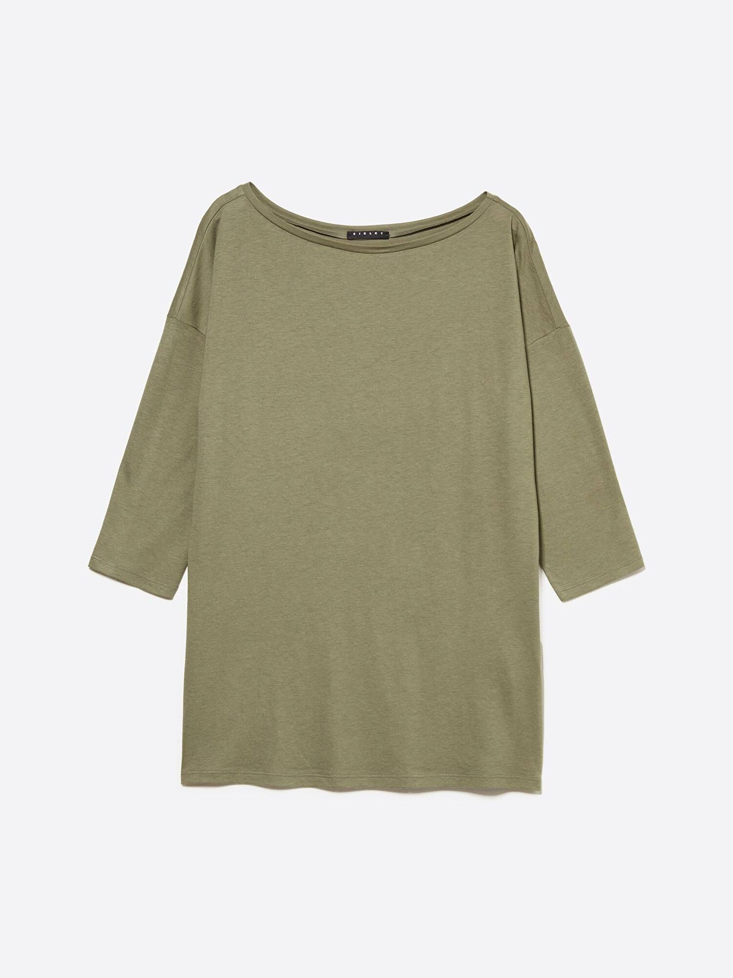 Resim Kadın Haki Yeşili Modal Karışımlı Kayık Yaka Regular Fit T-Shirt