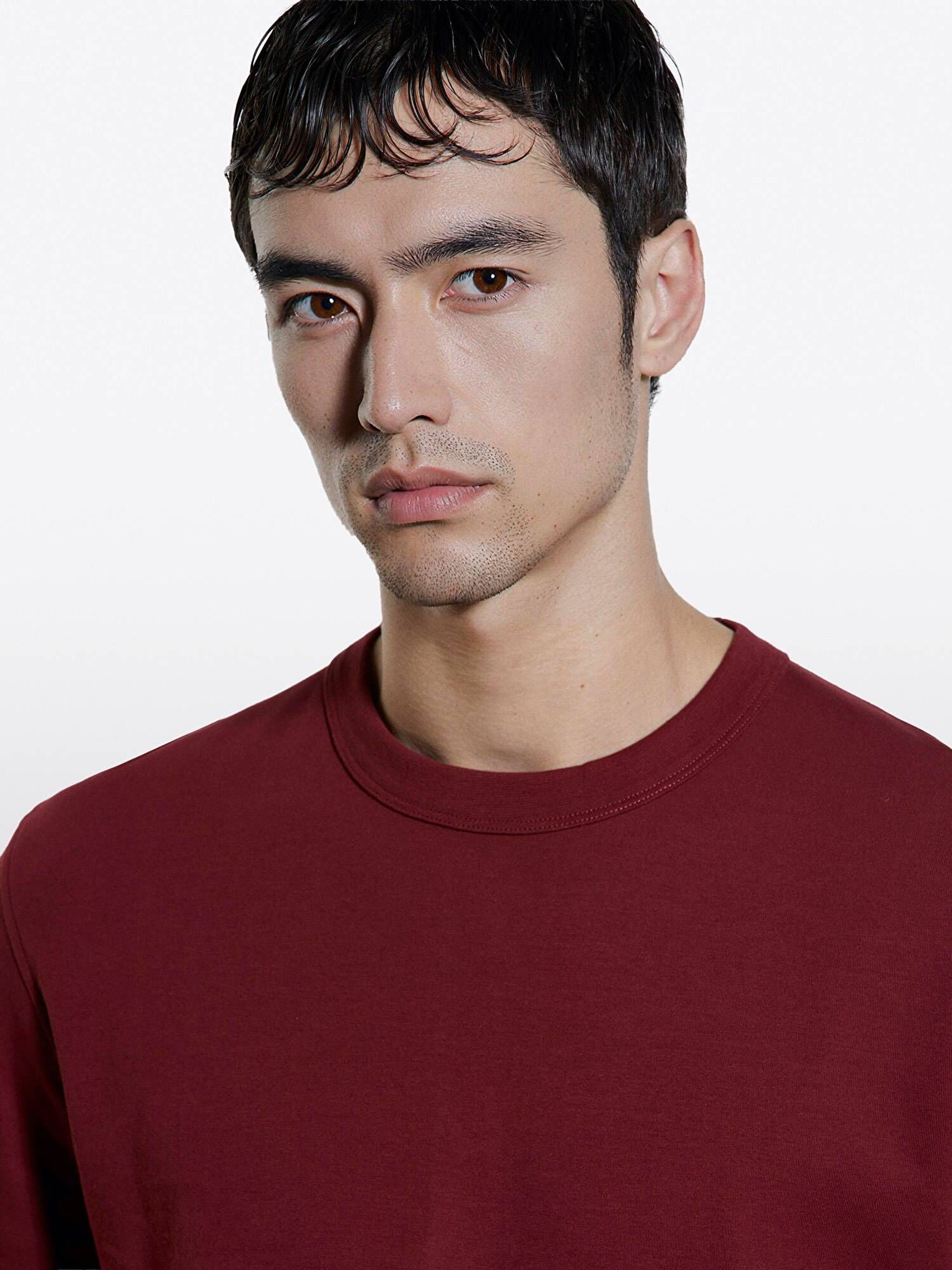 Resim Erkek Bordo %100 Pamuk Nervürlü Bisiklet Yaka T-Shirt