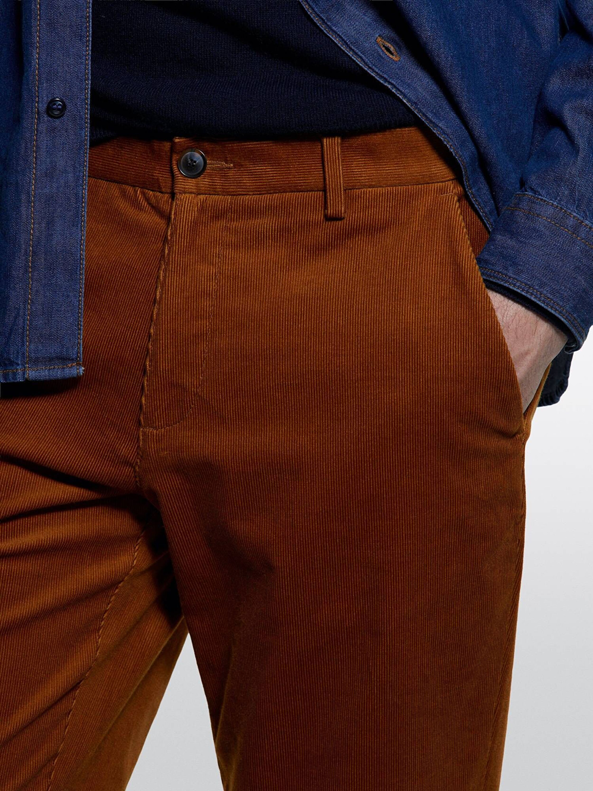 Resim Erkek Kahverengi Pamuk Karışımlı Slim Fit Kadife Chino Pantolon