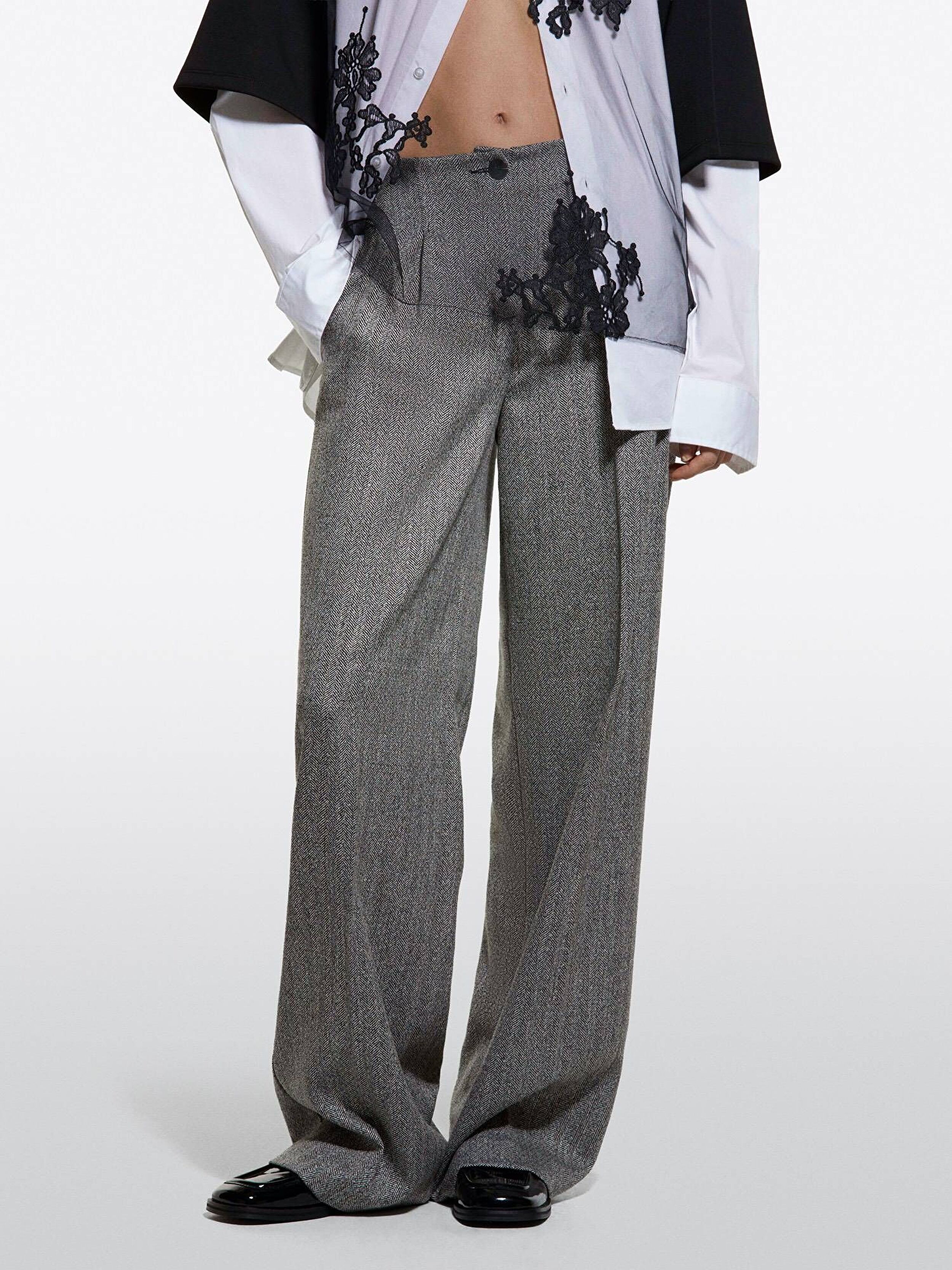 Resim Kadın Kahverengi Viskoz Karışımlı Desenli Bol Paça Pantolon