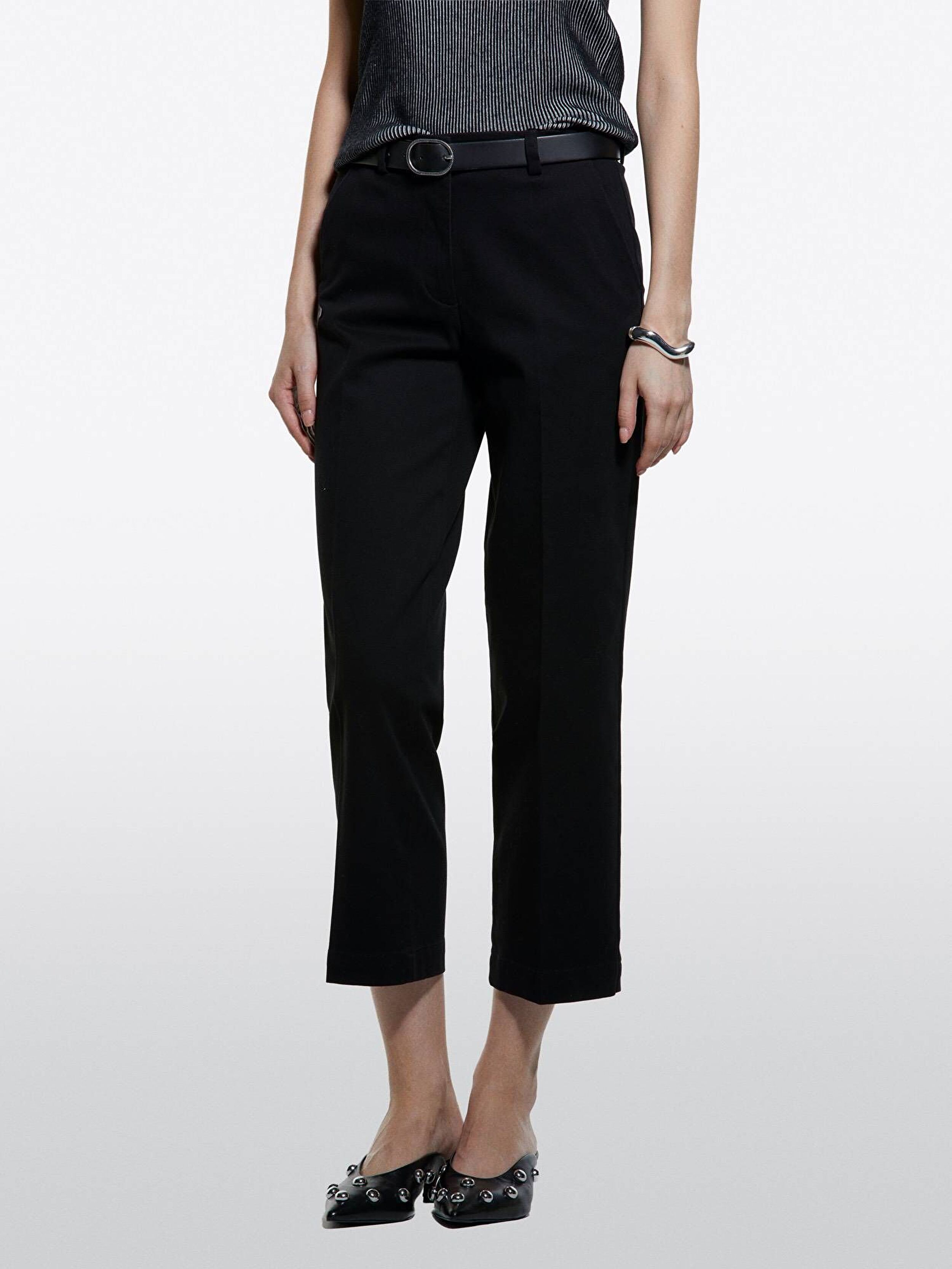 Resim Kadın Siyah Pamuk Karışımlı Normal Kesim Yüksek Bel Pantolon